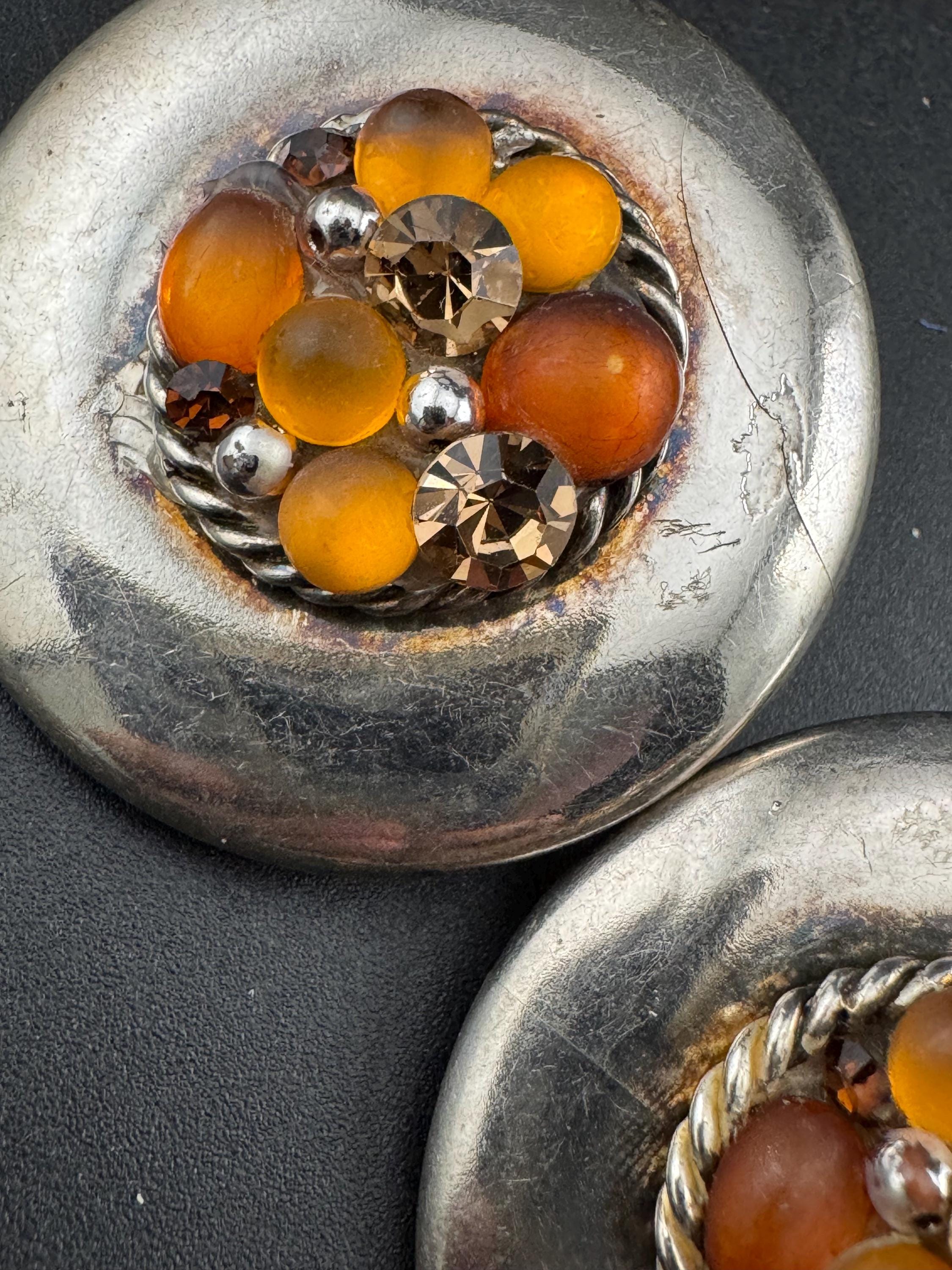 Jacky de G Oversized silver domed Clip On Earrings: designer orange stones