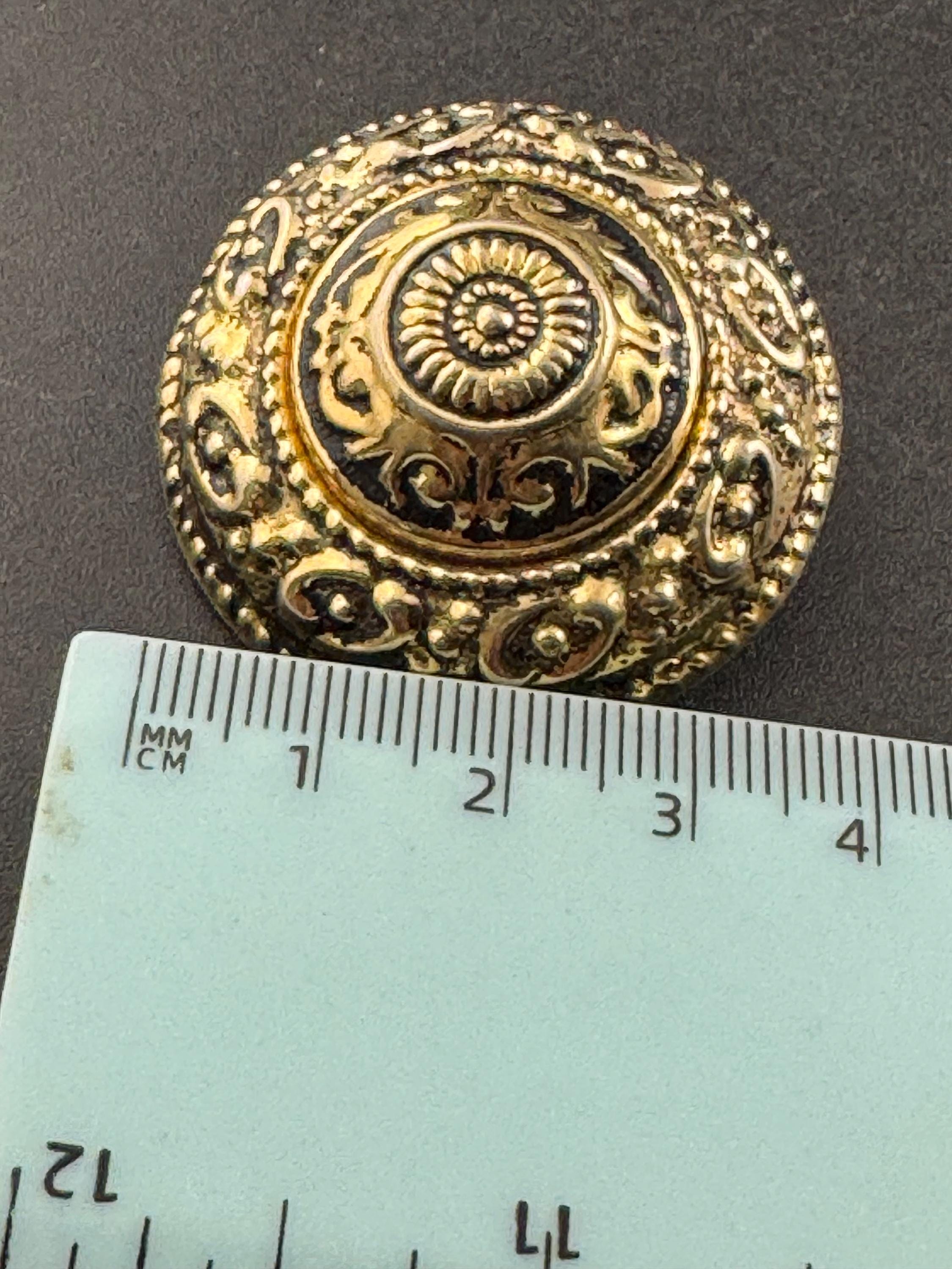 Vintage oversized 4cm gold metal Etruscan domed big clip on earrings, 1980s