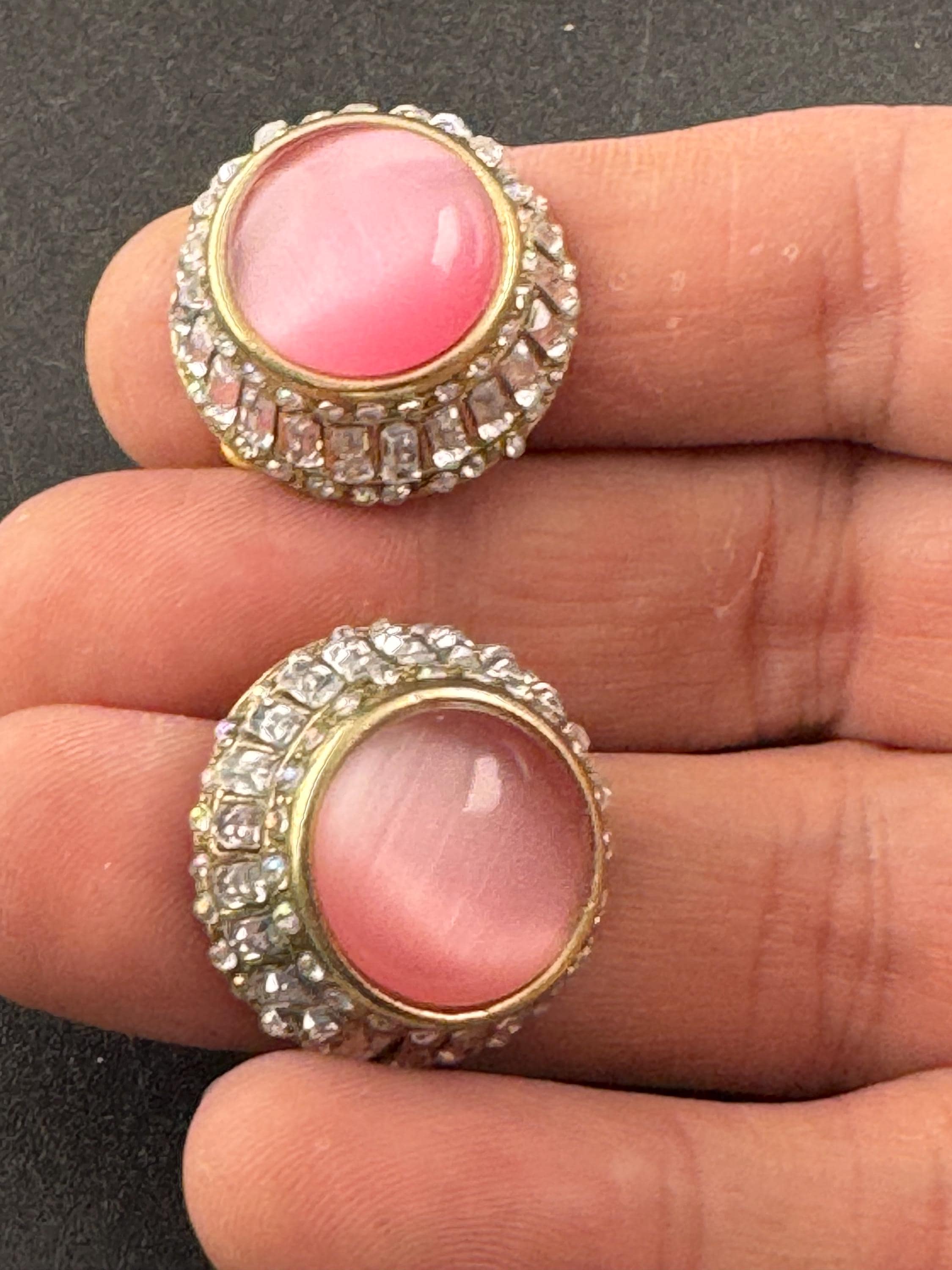 Pink glass cabochon, baguette crystal domed stud earrings, pierced ears