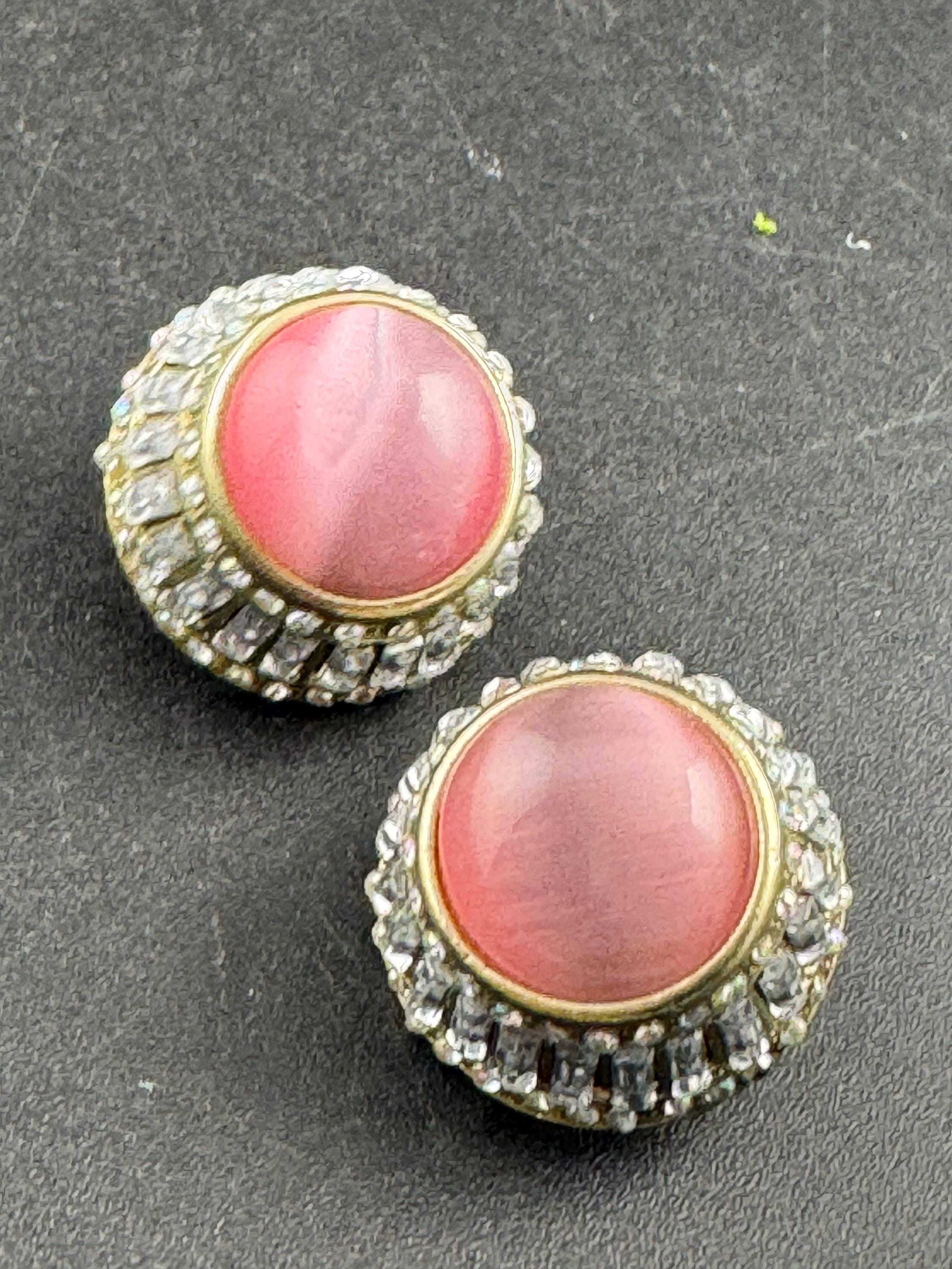 Pink glass cabochon, baguette crystal domed stud earrings, pierced ears