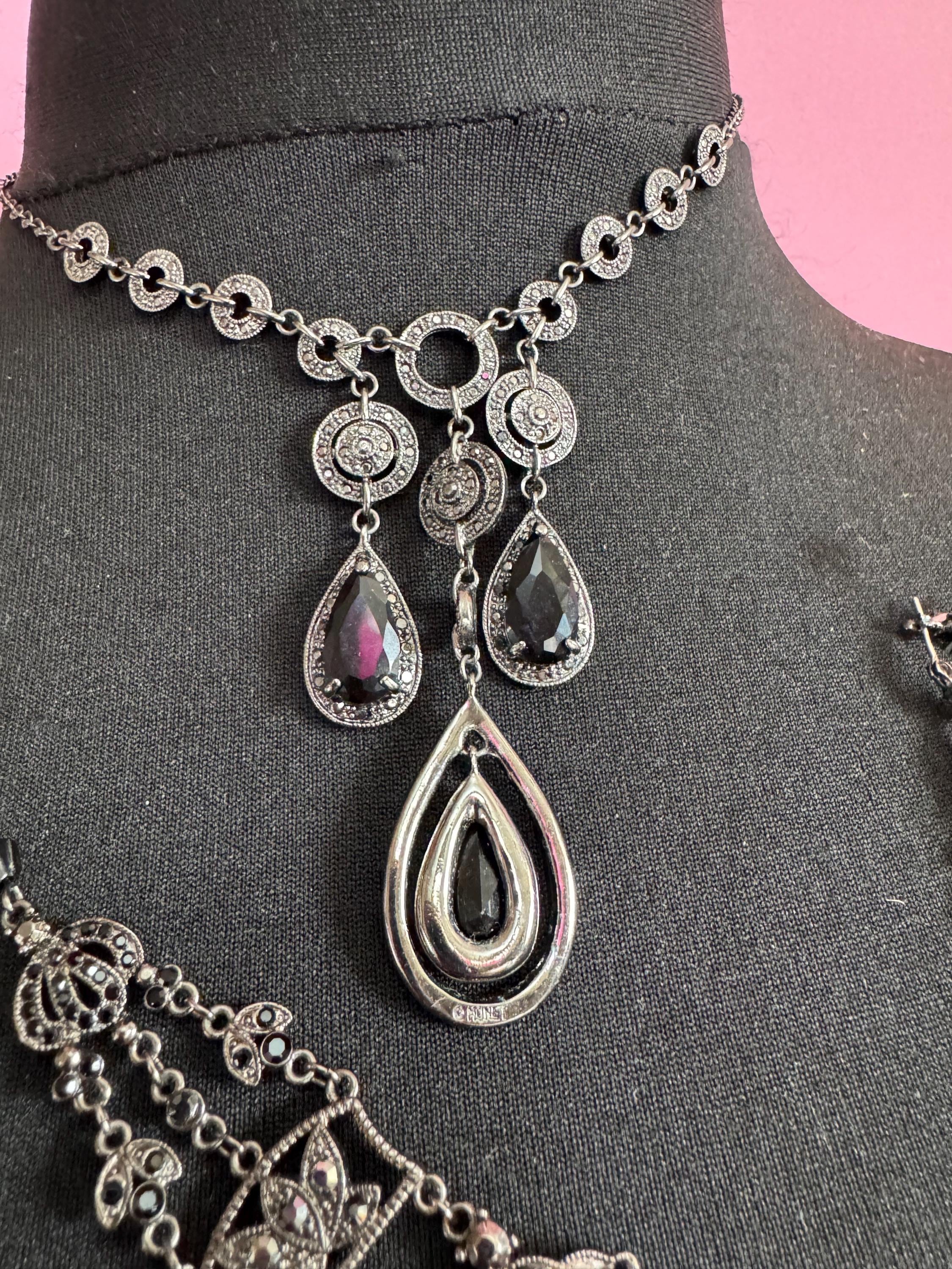 Signed MONET black diamante rhinestone drop necklace, earrings and bracelet: gothic jewellery set