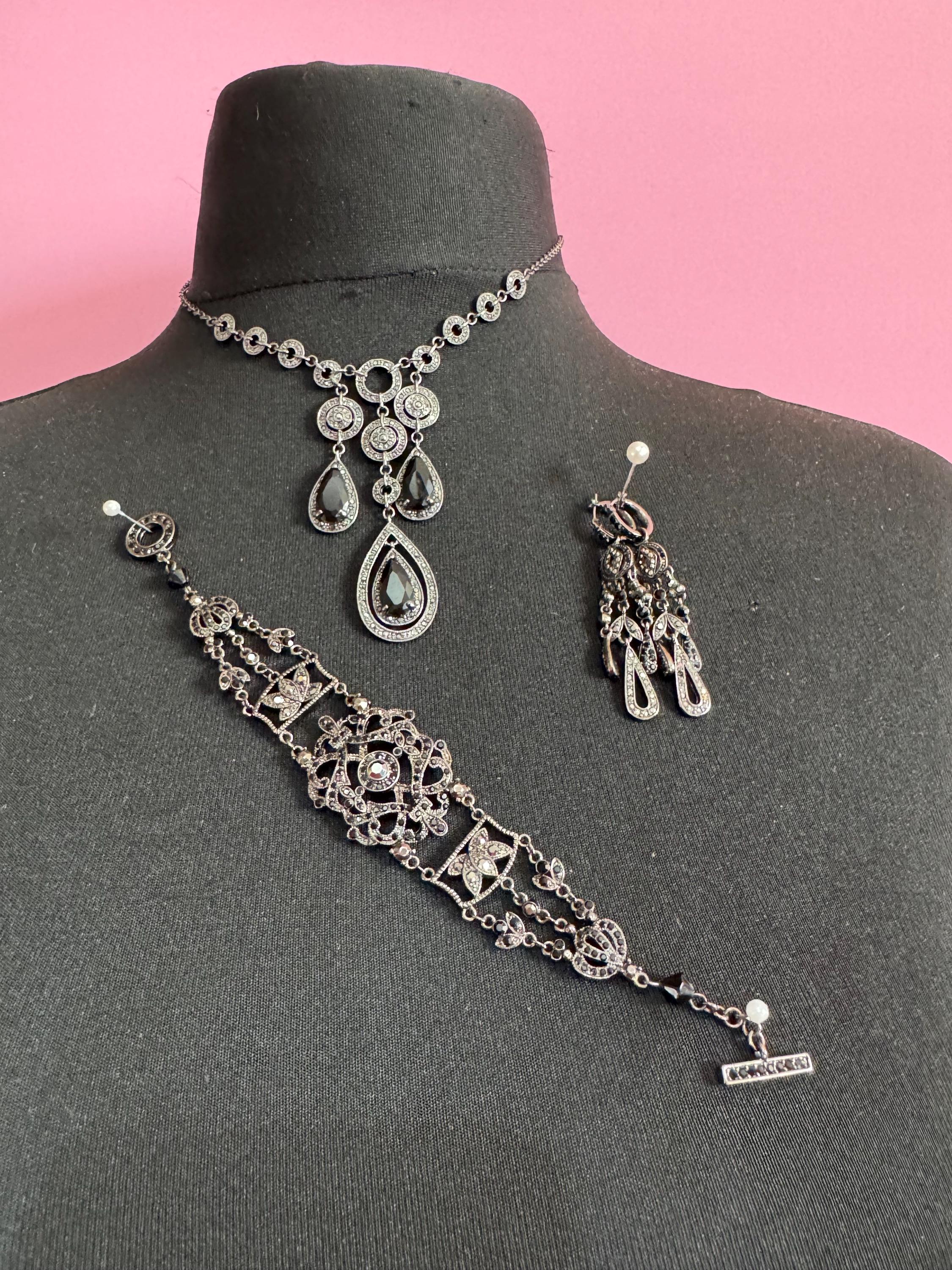 Signed MONET black diamante rhinestone drop necklace, earrings and bracelet: gothic jewellery set
