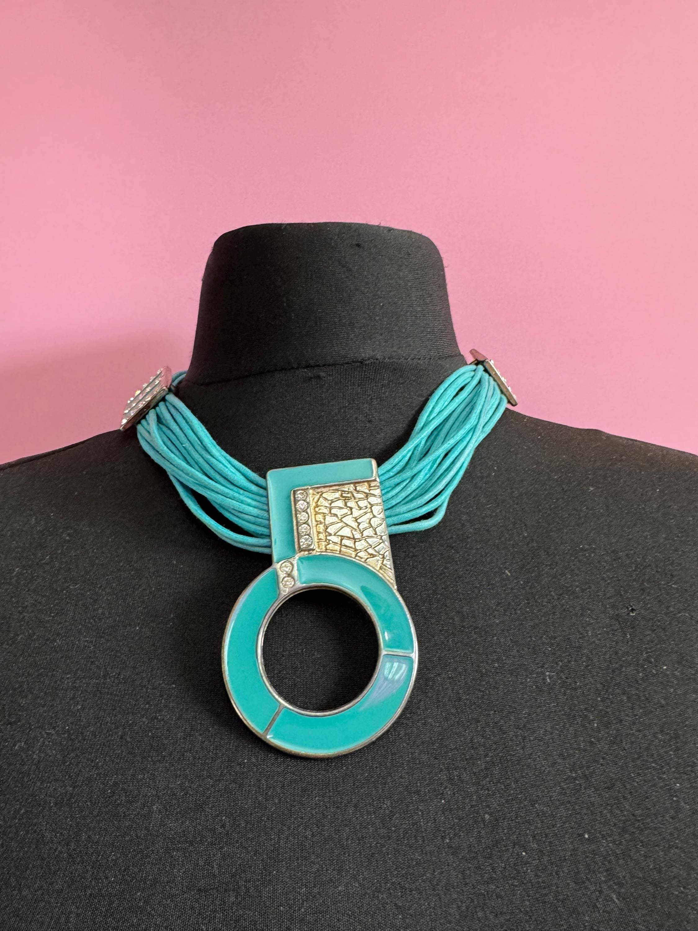 Signed Rita Fracione turquoise blue  enamel statement Choker necklace , sikver tone,  Italian designer
