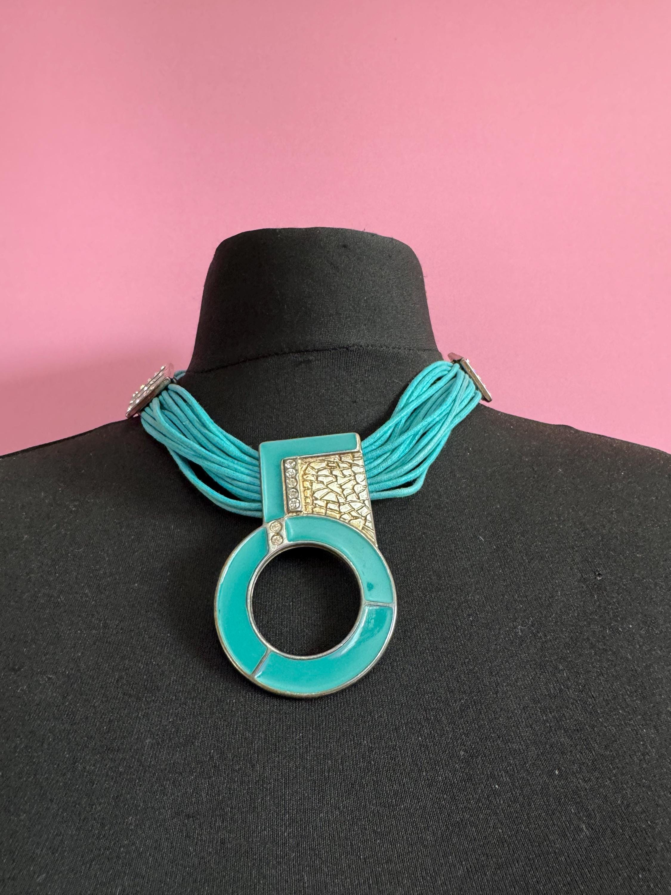 Signed Rita Fracione turquoise blue  enamel statement Choker necklace , sikver tone,  Italian designer