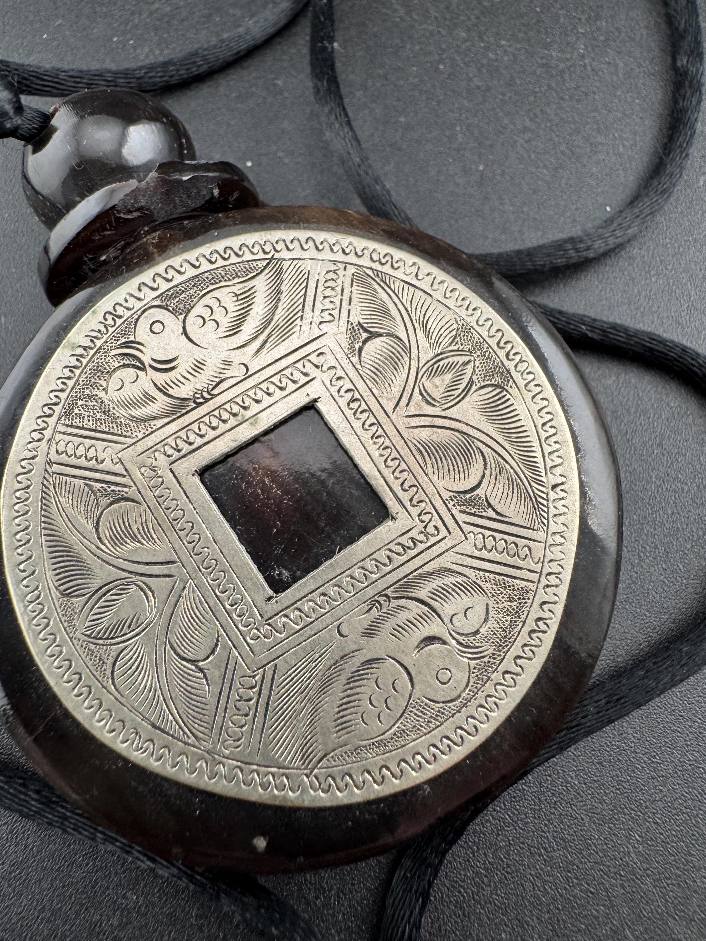 John Michelle Richardson Chinese oversized coin pendant necklace , etched silver vintage