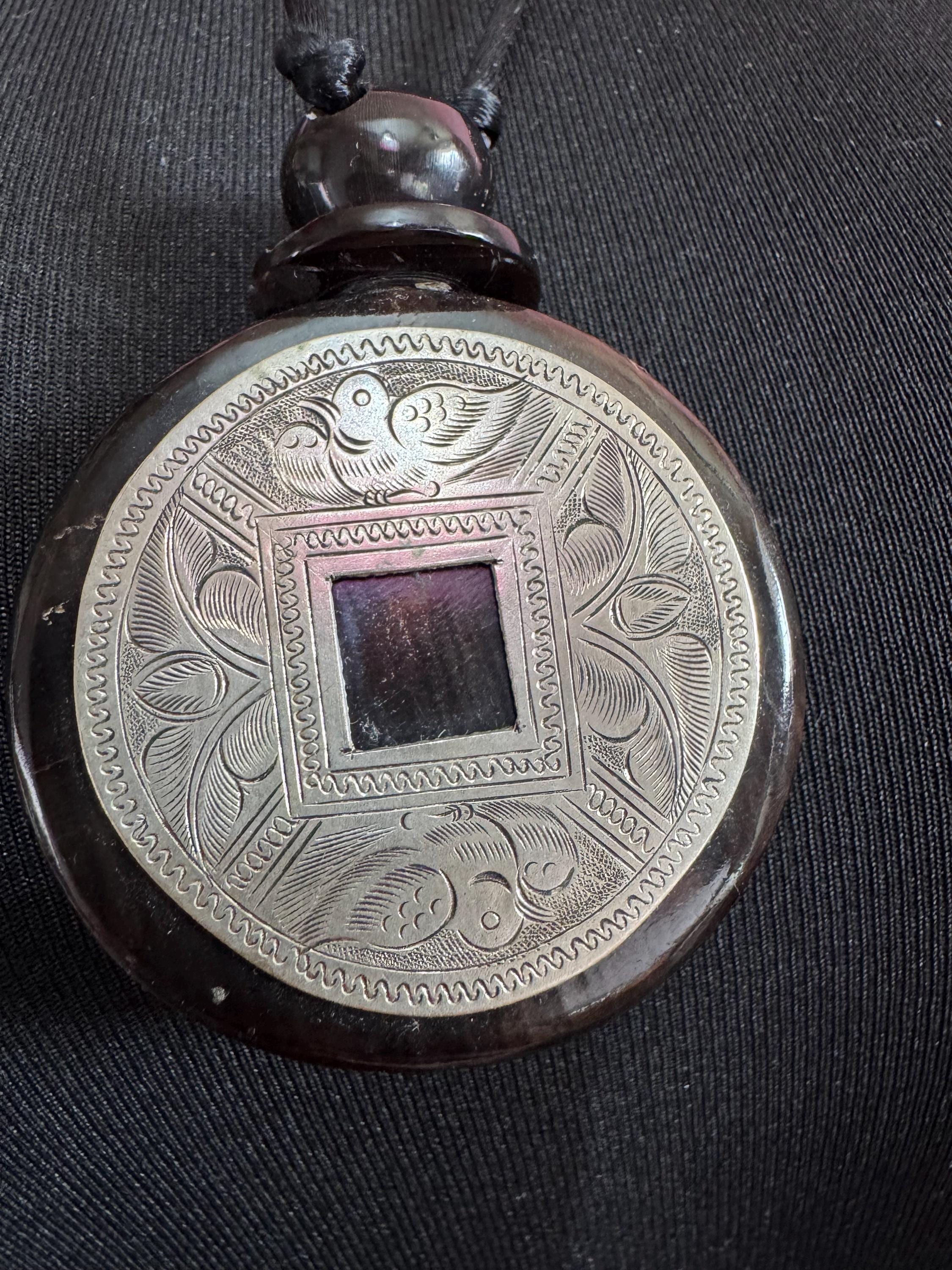 John Michelle Richardson Chinese oversized coin pendant necklace , etched silver vintage