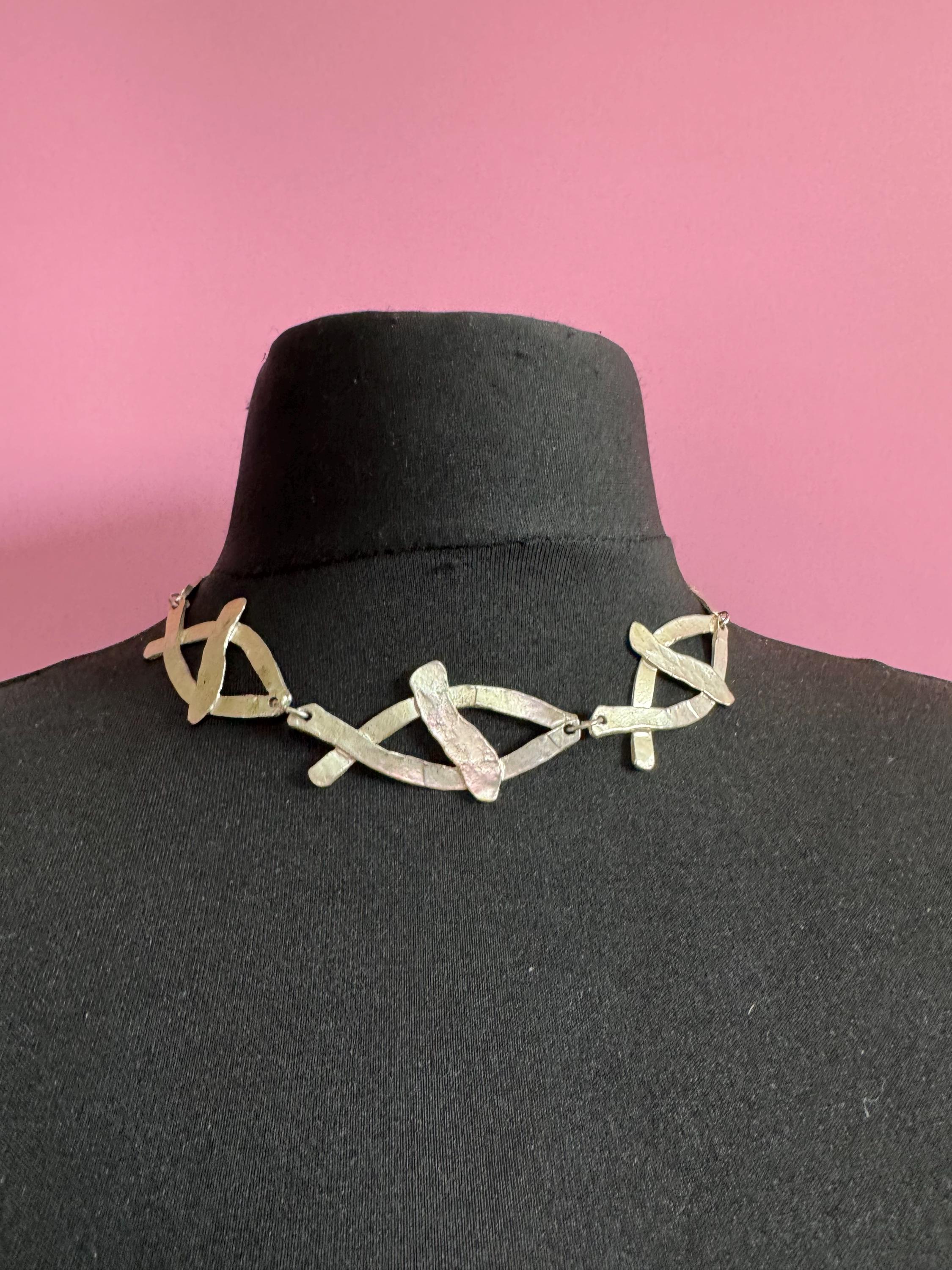 Signed Dolce Vita silver tone panel link choker necklace, Paris France Designer