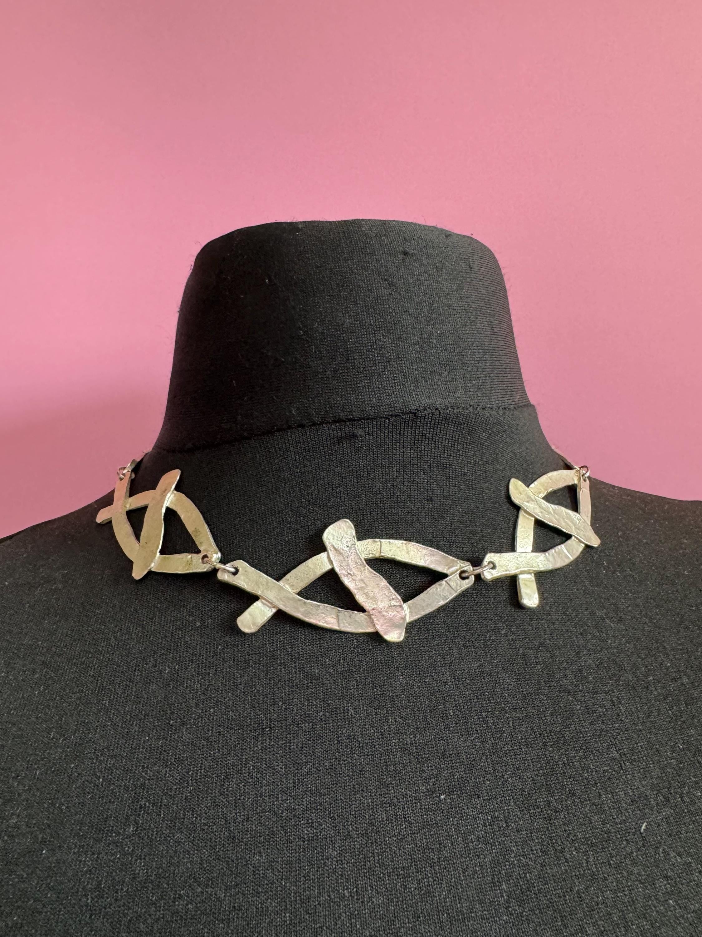 Signed Dolce Vita silver tone panel link choker necklace, Paris France Designer