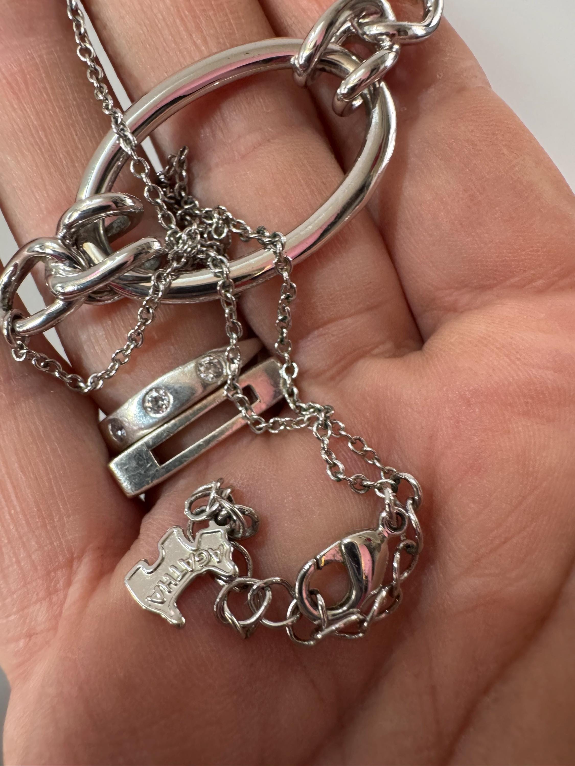 Signed swan Swarovski long rhodium plated crystal cube lariat drop necklace