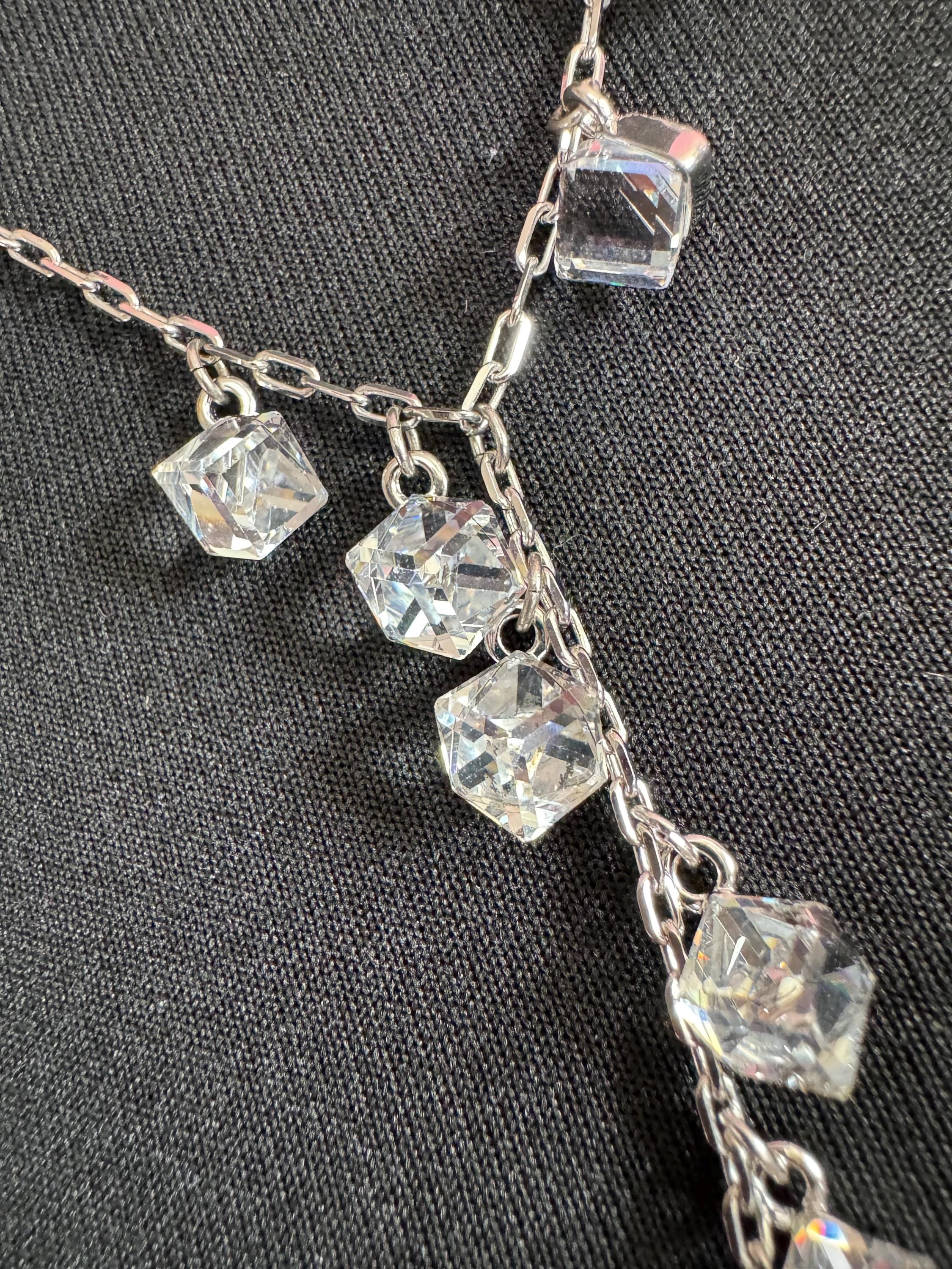 Signed swan Swarovski long rhodium plated crystal cube lariat drop necklace