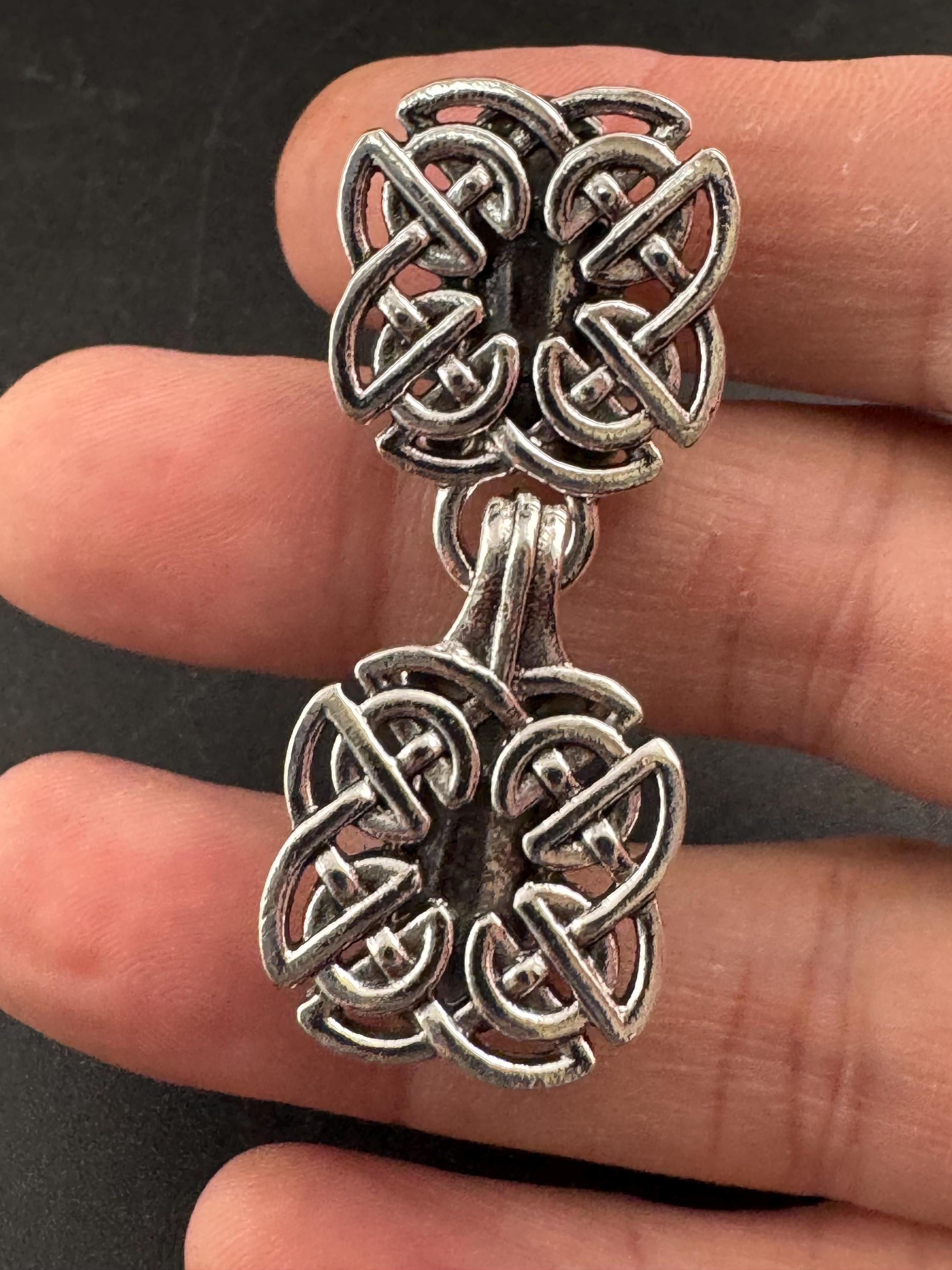 Silver cloak clasp, Celtic Scottish style cross cardigan clip, spring hinged closure