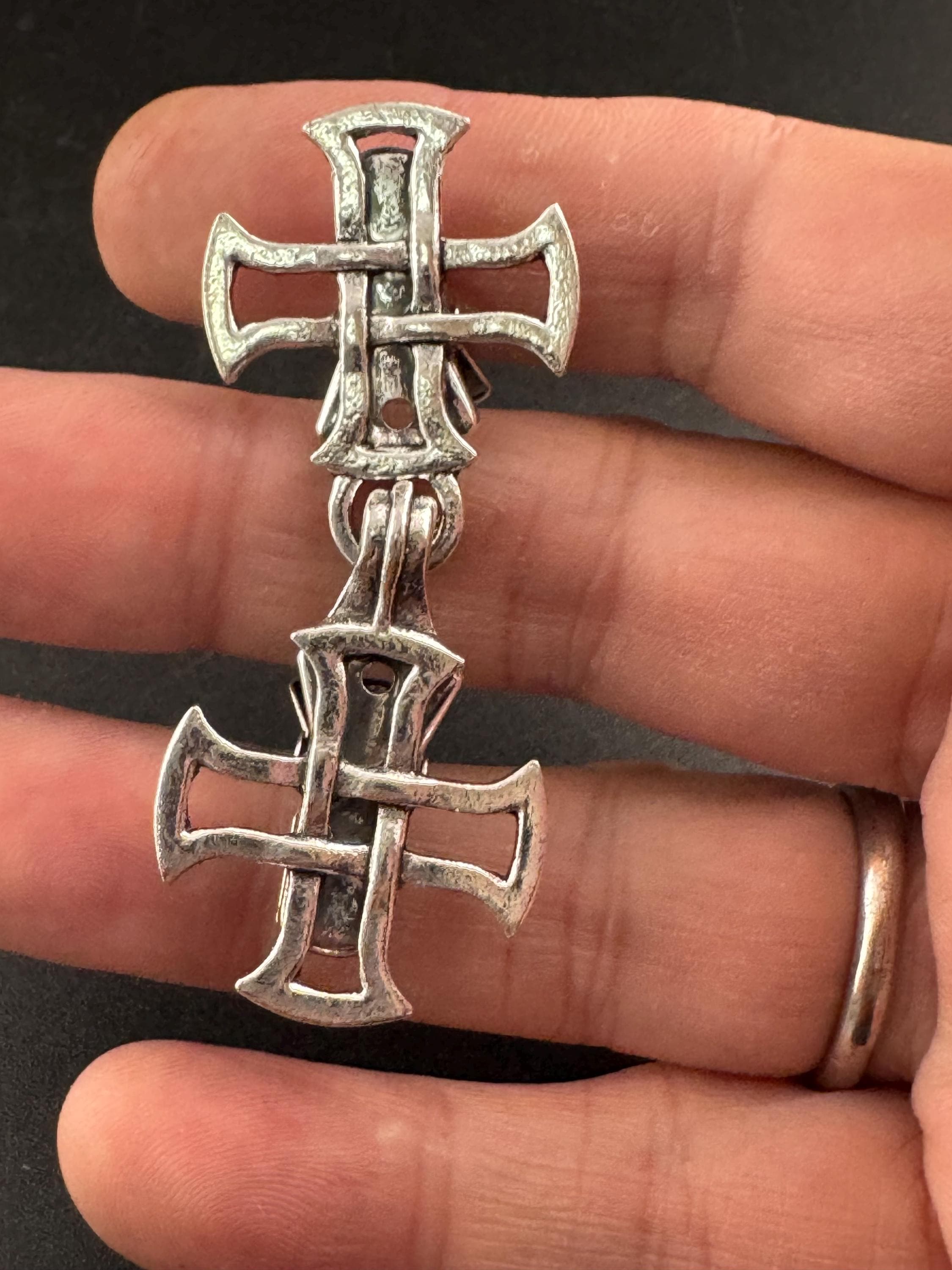 Silver Celtic medieval style cross cardigan cloak clasp clip, spring hinged closure
