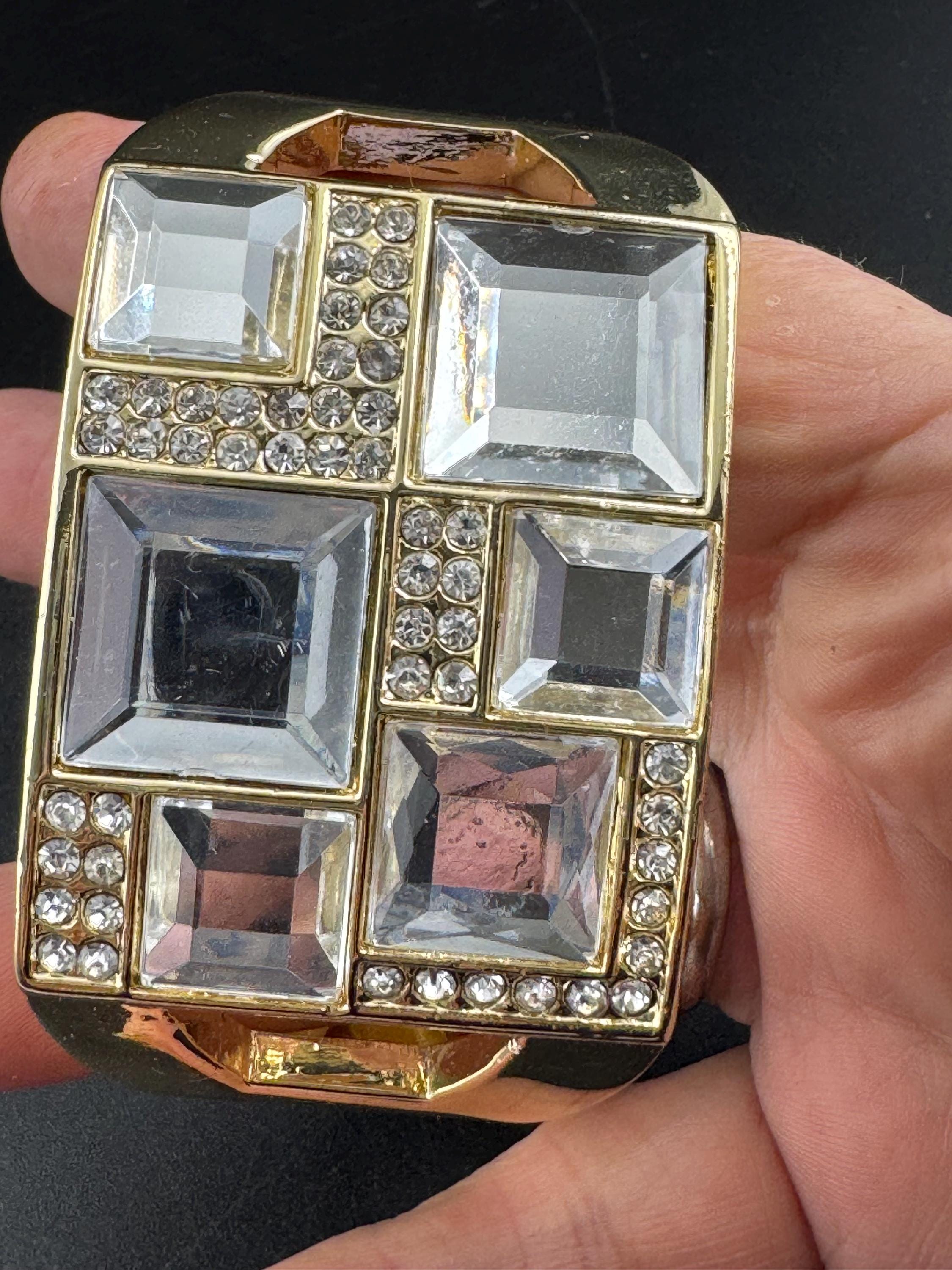 Retro 4cm wide chunky clear diamanté hinged clamper bangle