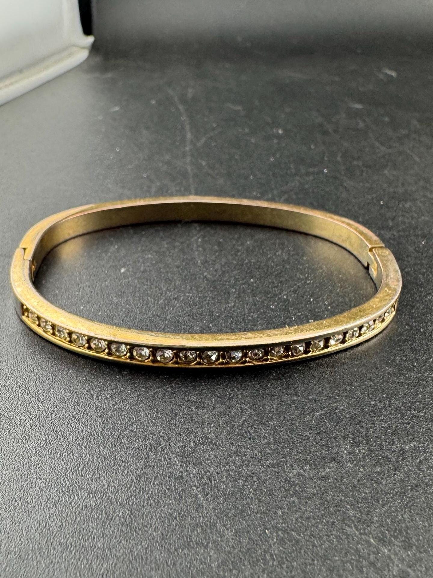 Retro squared clear diamanté crystal channel set hinged clamper bangle