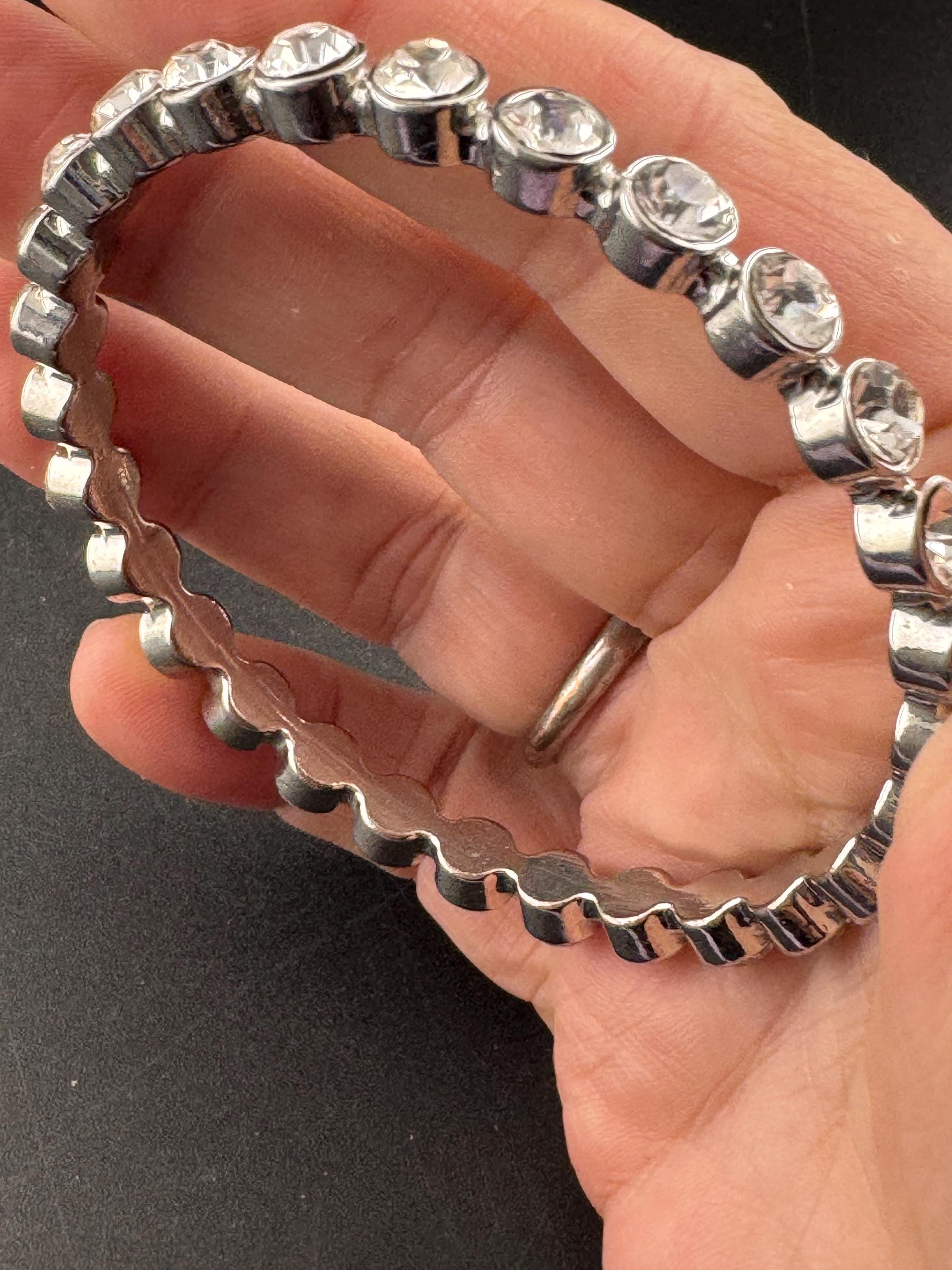 Fixed bezel link bangle with clear diamanté , silver tone bracelet