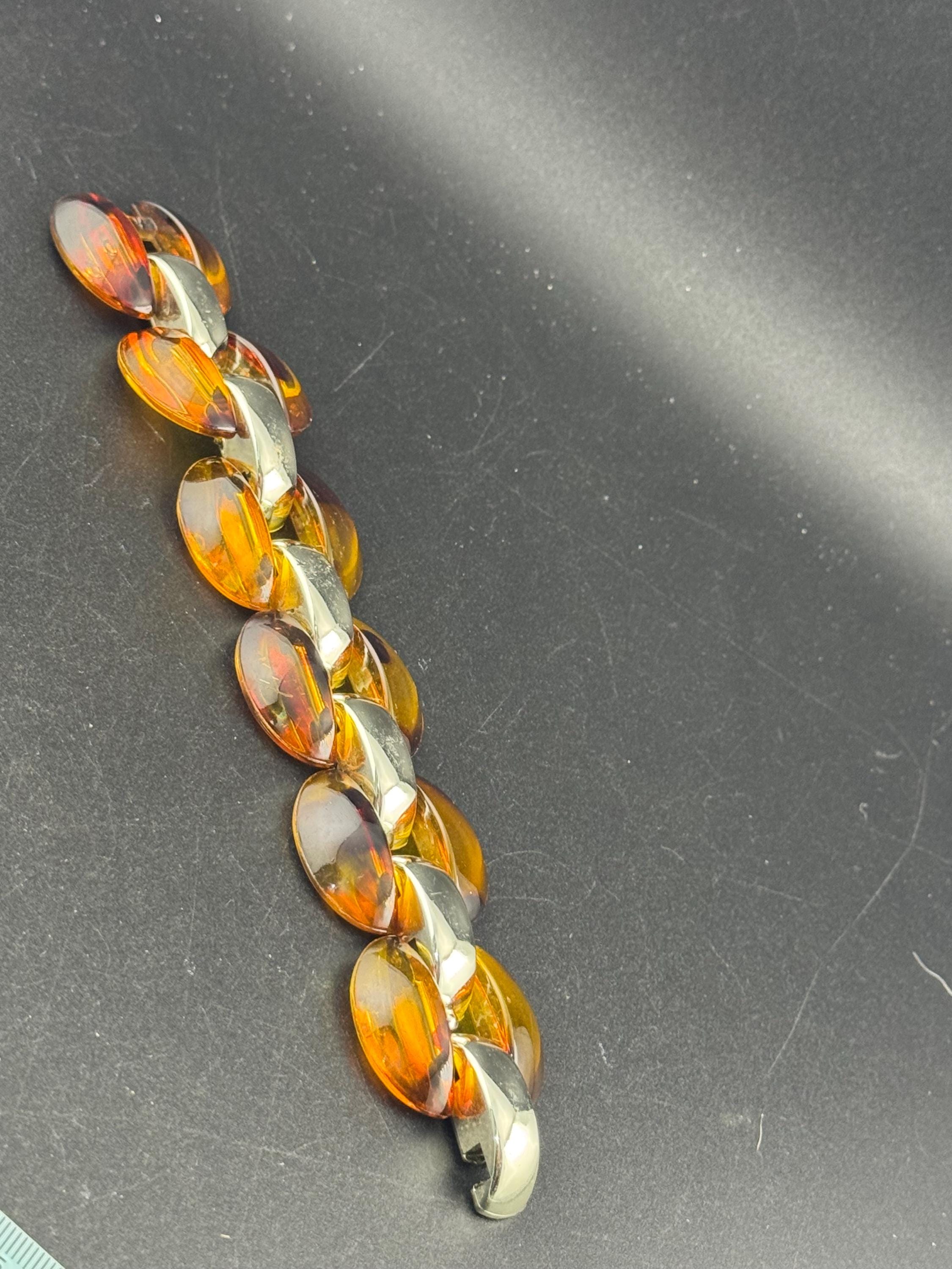 Brown acrylic chain link bracelet, vintage, chunky oversized gold tone