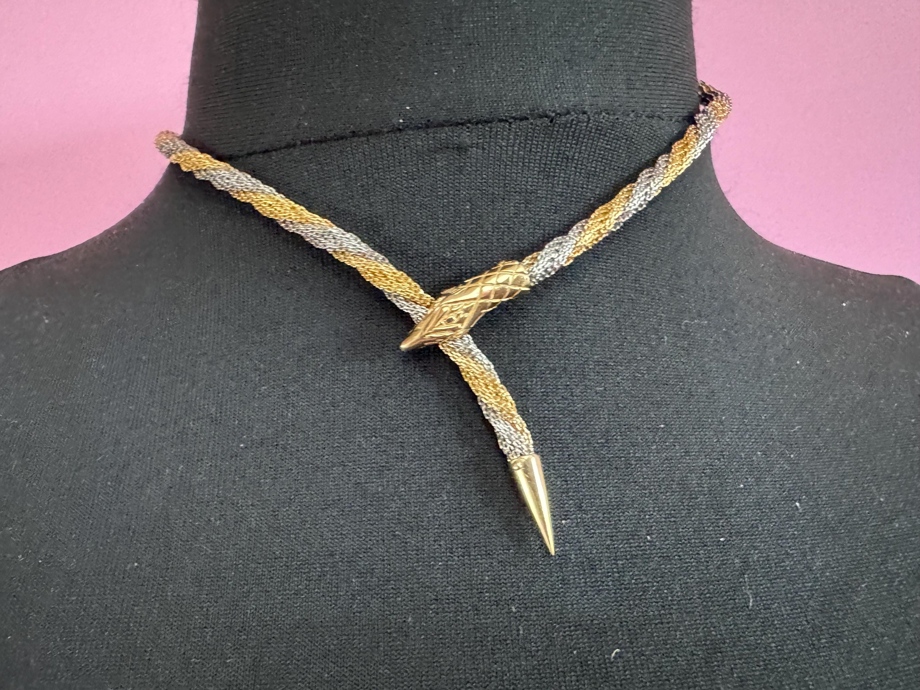 Vintage snake choker necklace, silver and gold tone twisted metal