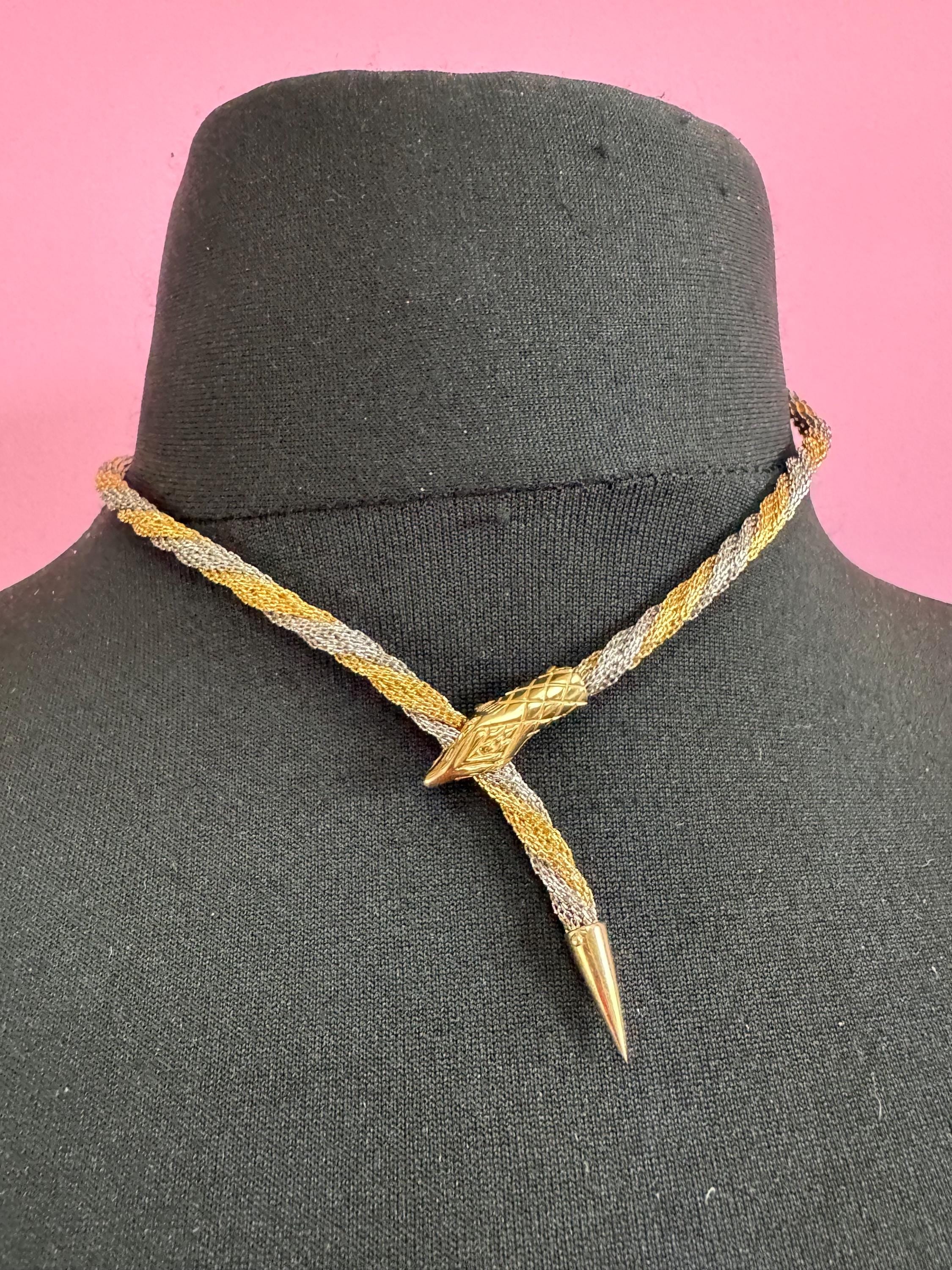 Vintage snake choker necklace, silver and gold tone twisted metal