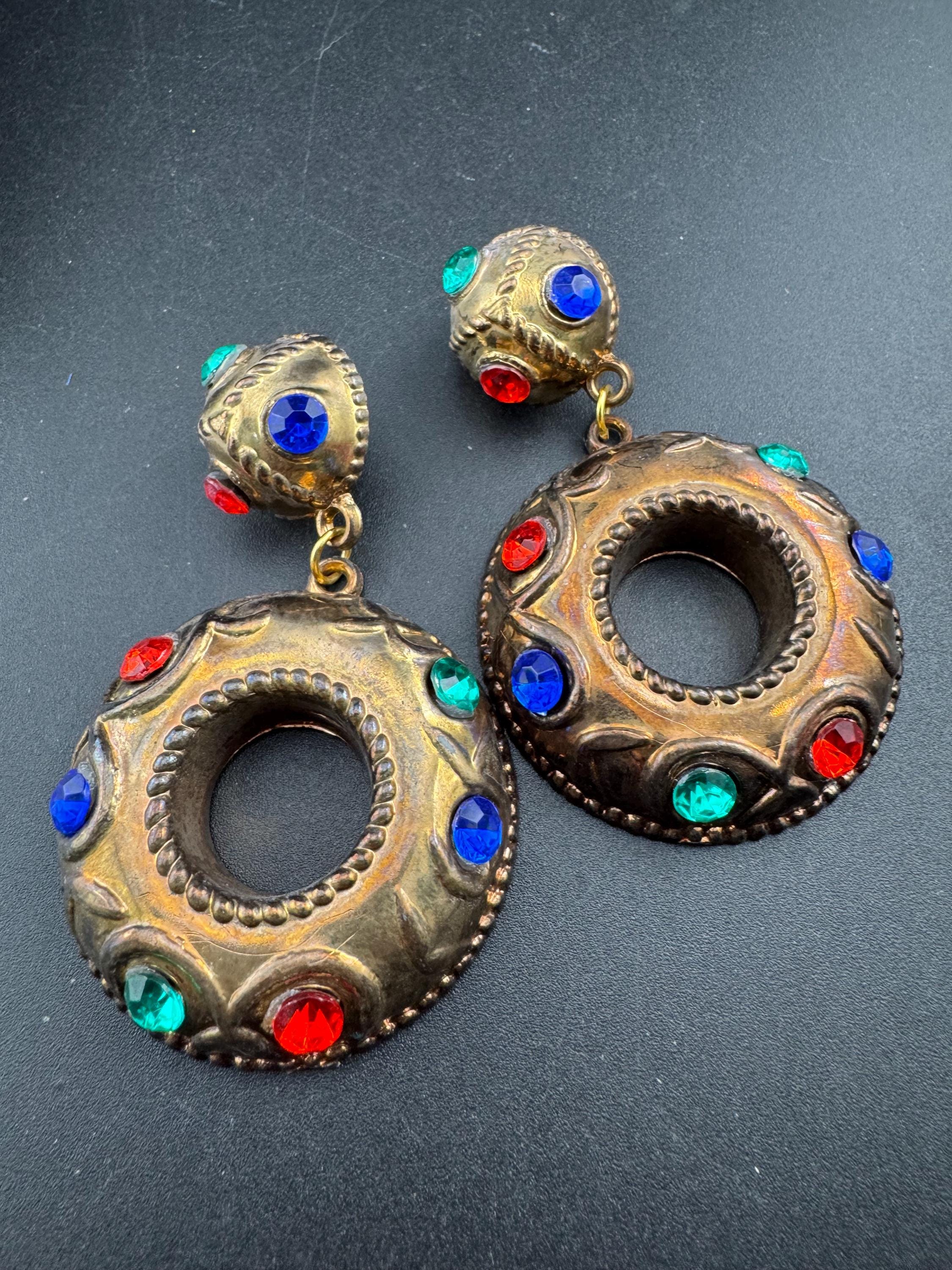 oversized copper hoop clip on earrings, red blue green rhinestones