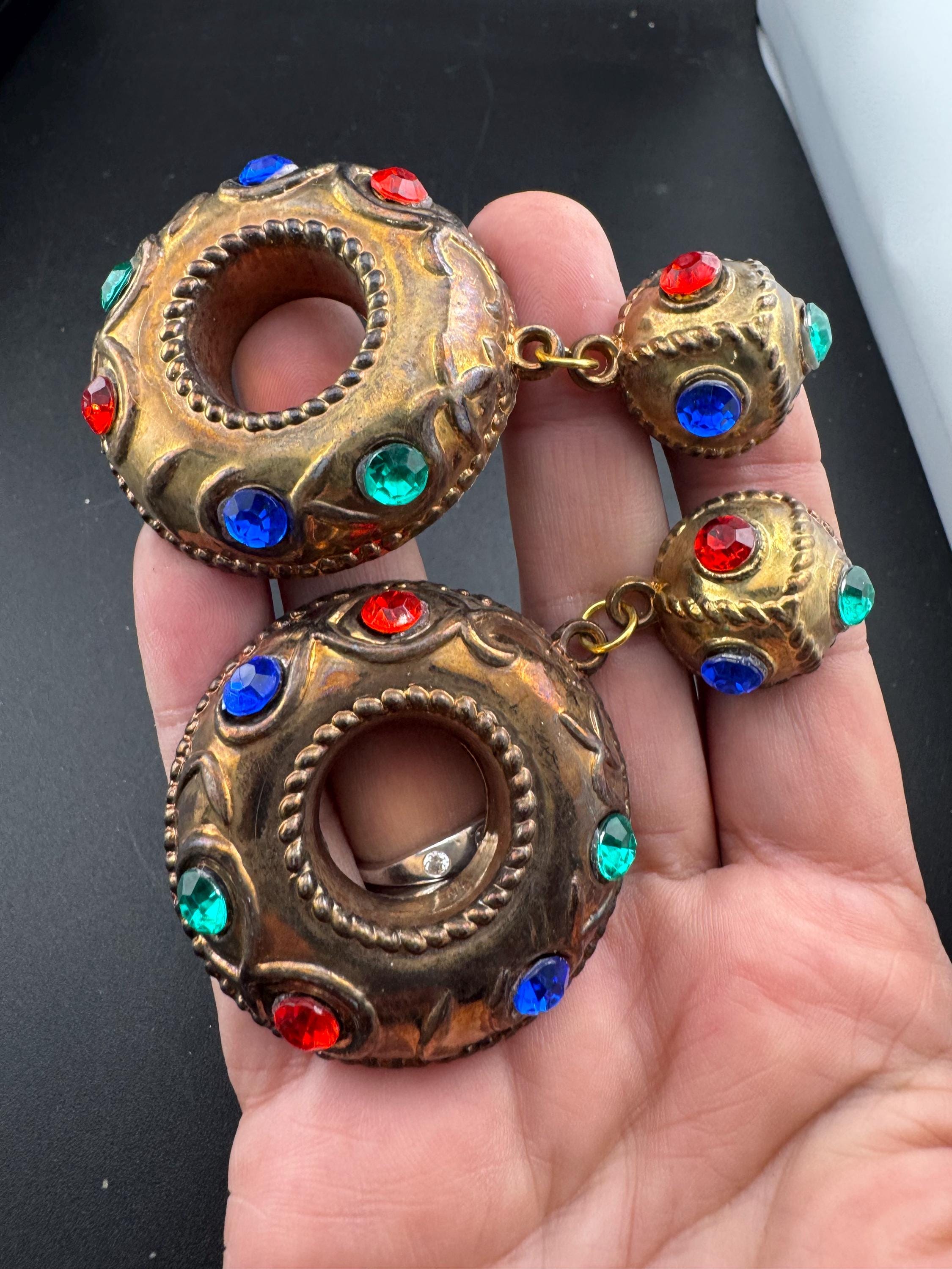 oversized copper hoop clip on earrings, red blue green rhinestones