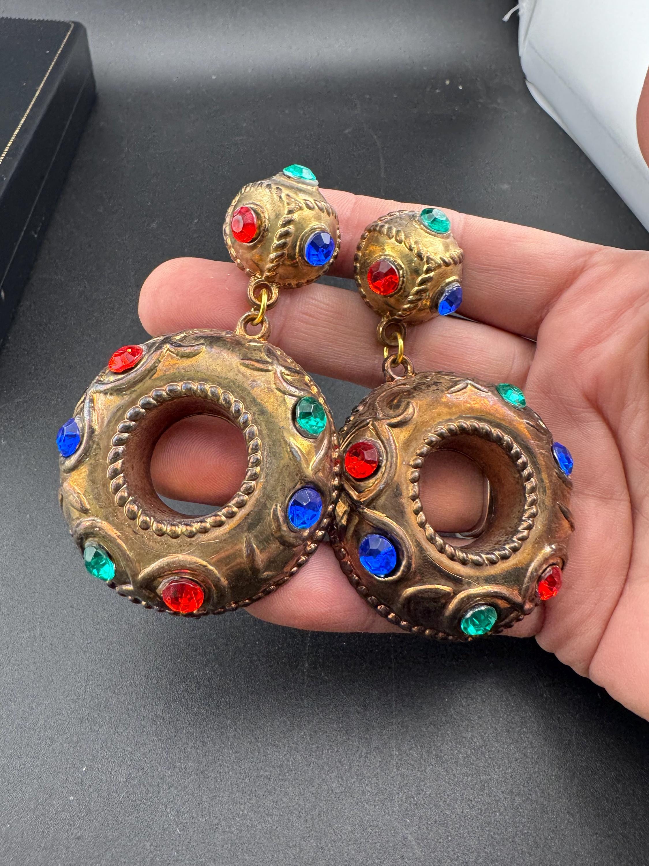 oversized copper hoop clip on earrings, red blue green rhinestones