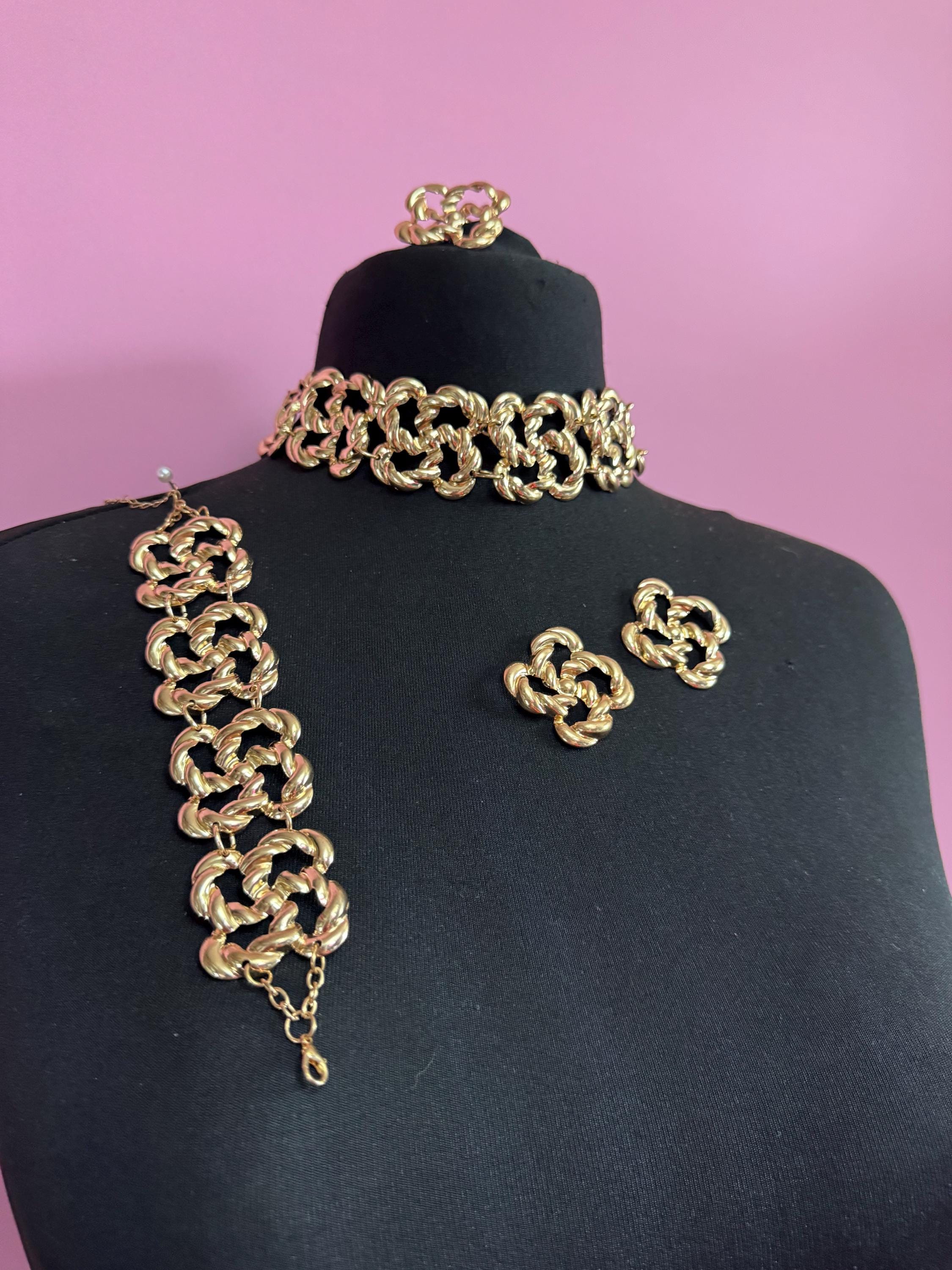 Retro chunky necklace and bracelet ring and earring jewellery set, lightweight stamped metal