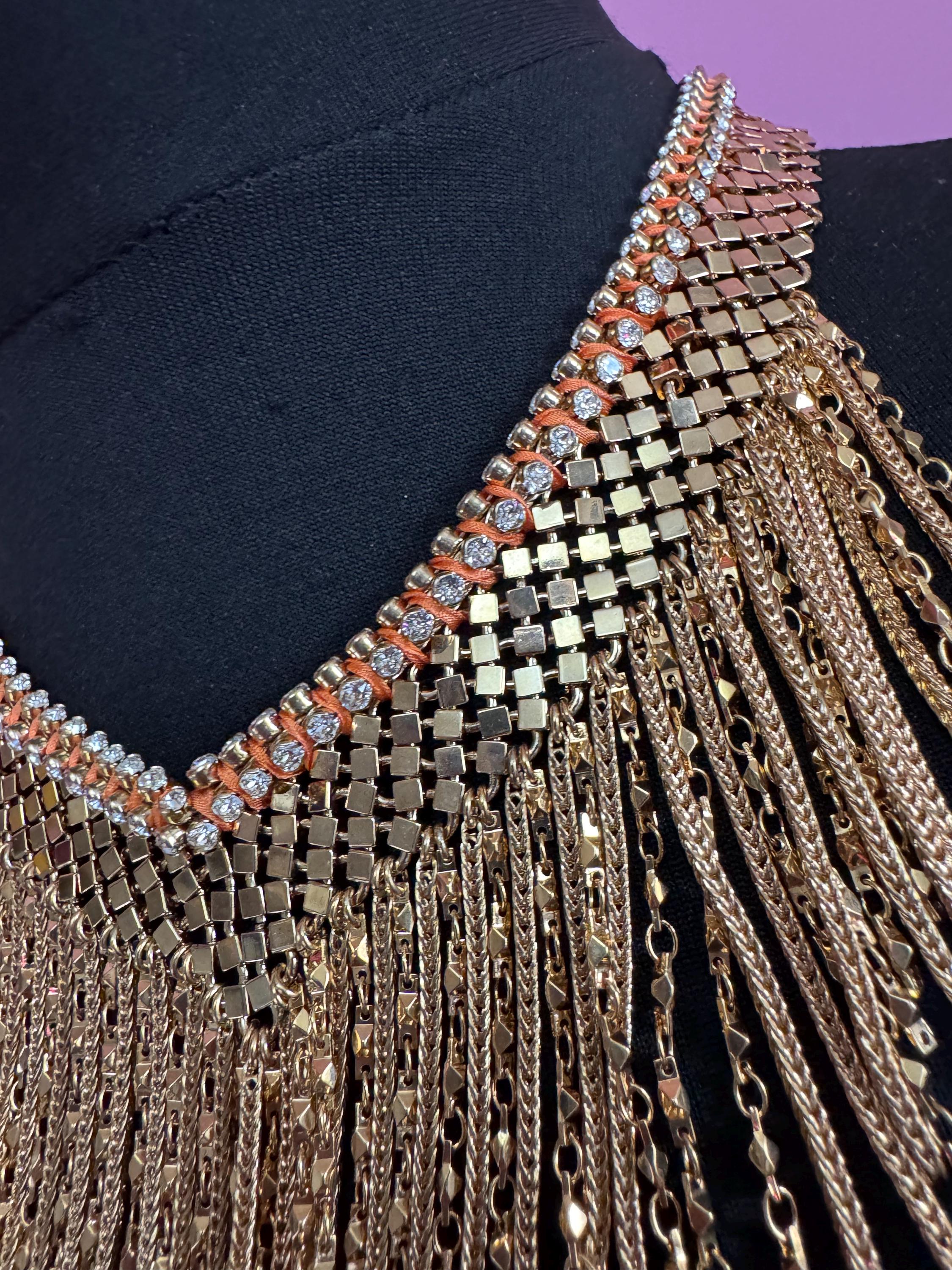 Vintage gold mesh chainmail bib necklace, Swarovski crystal orange silk