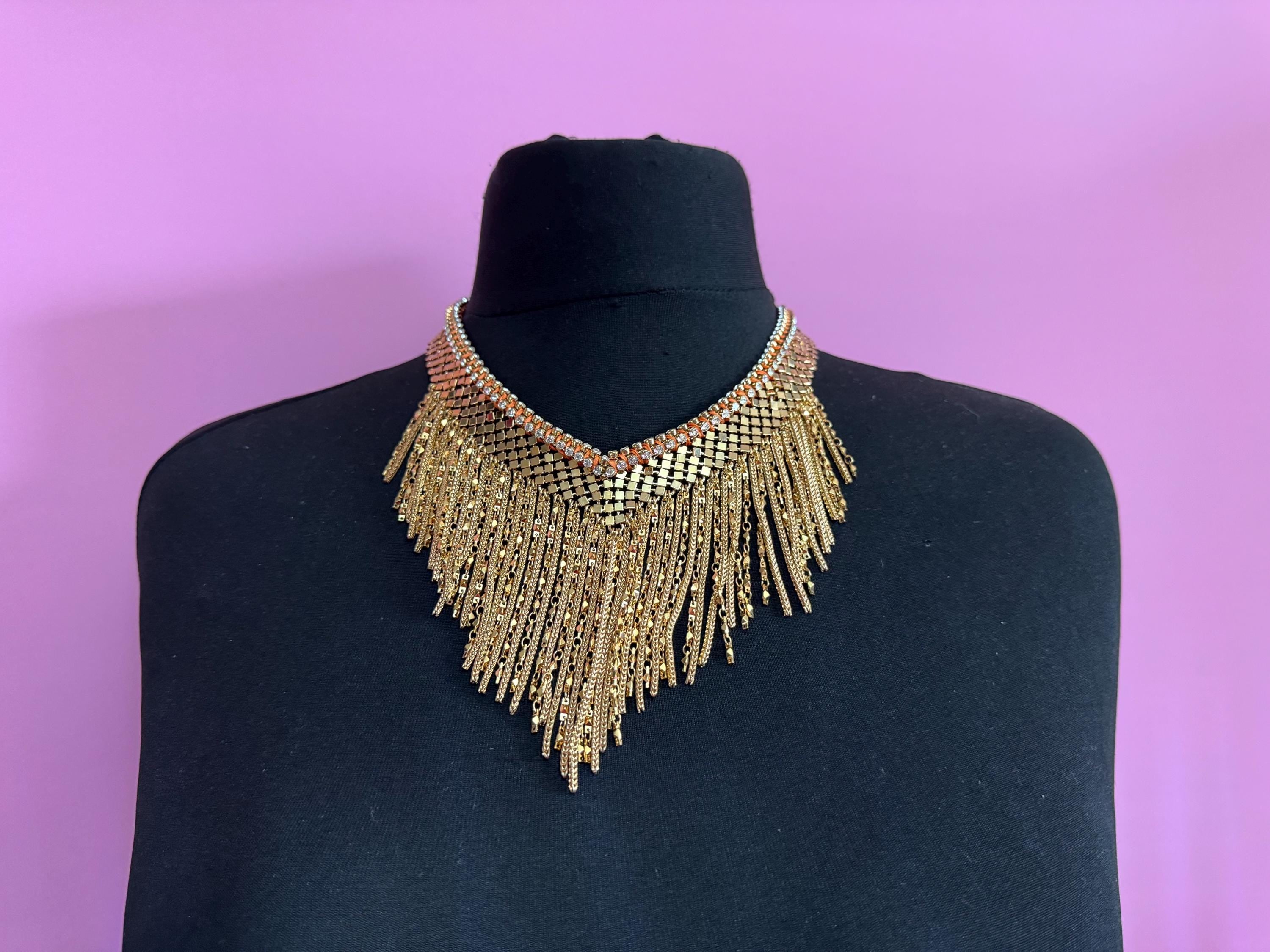 Vintage gold mesh chainmail bib necklace, Swarovski crystal orange silk