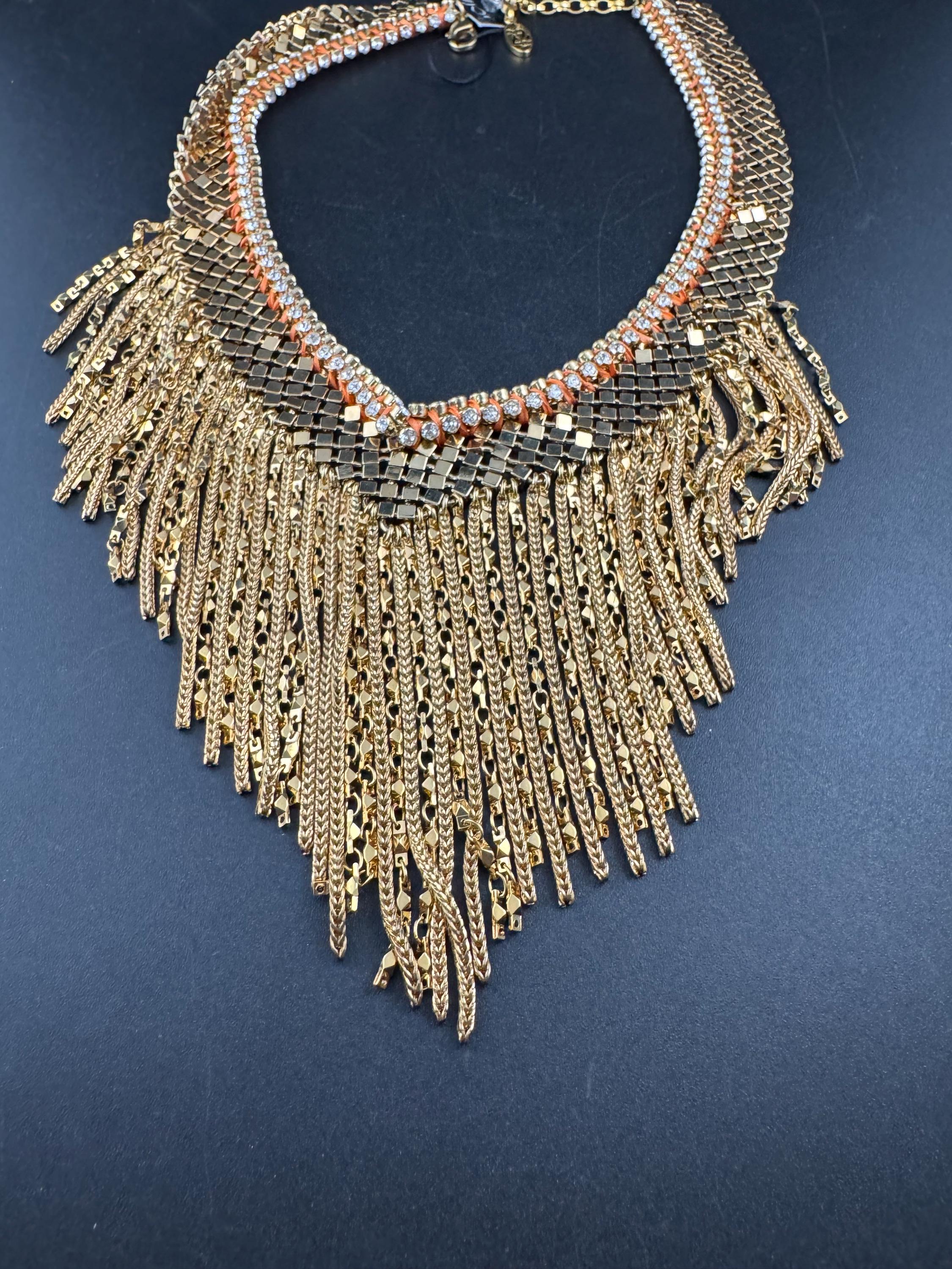 Vintage gold mesh chainmail bib necklace, Swarovski crystal orange silk