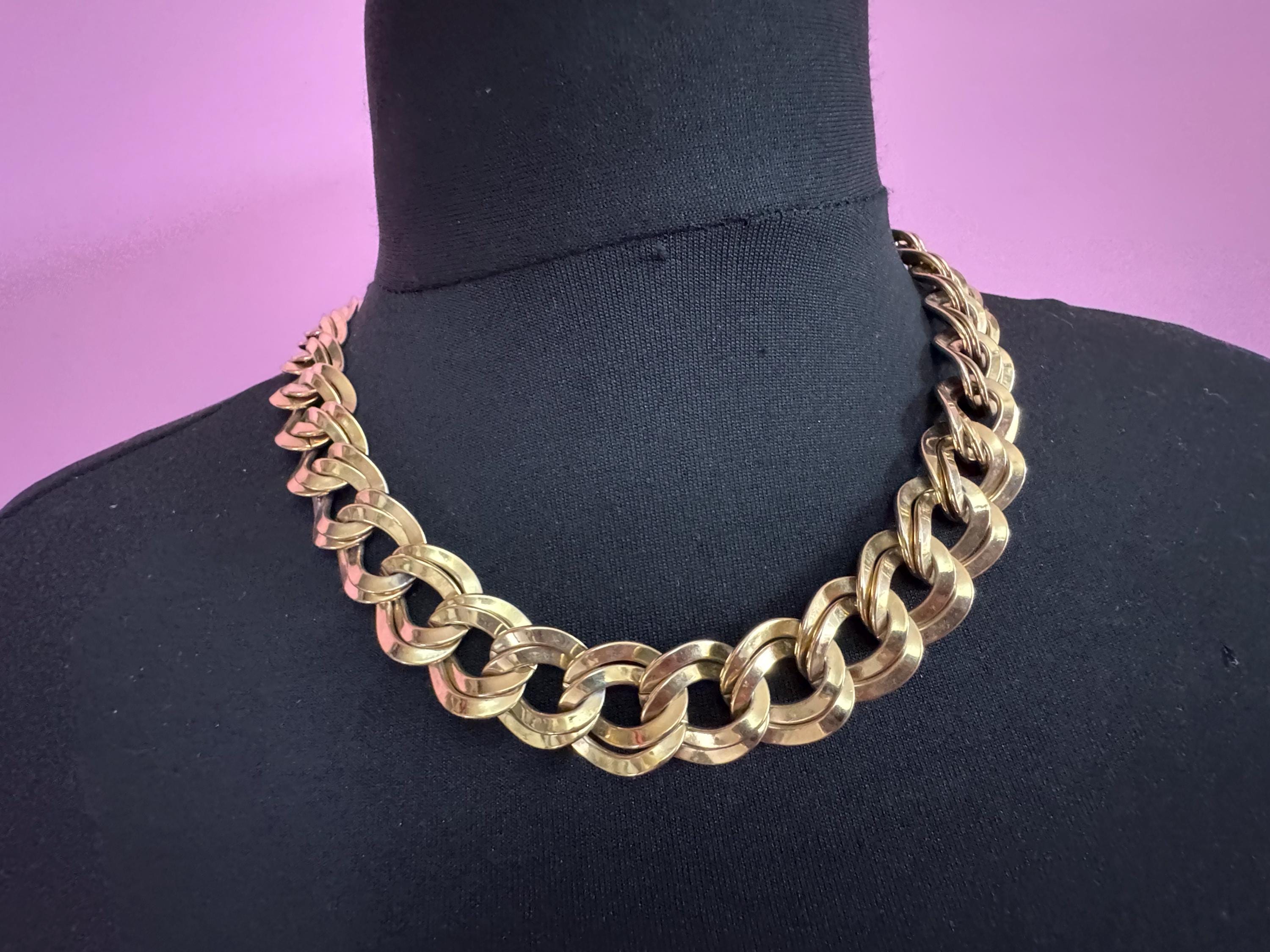 Retro 1980s wide link chunky gold tone double curb link choker necklace
