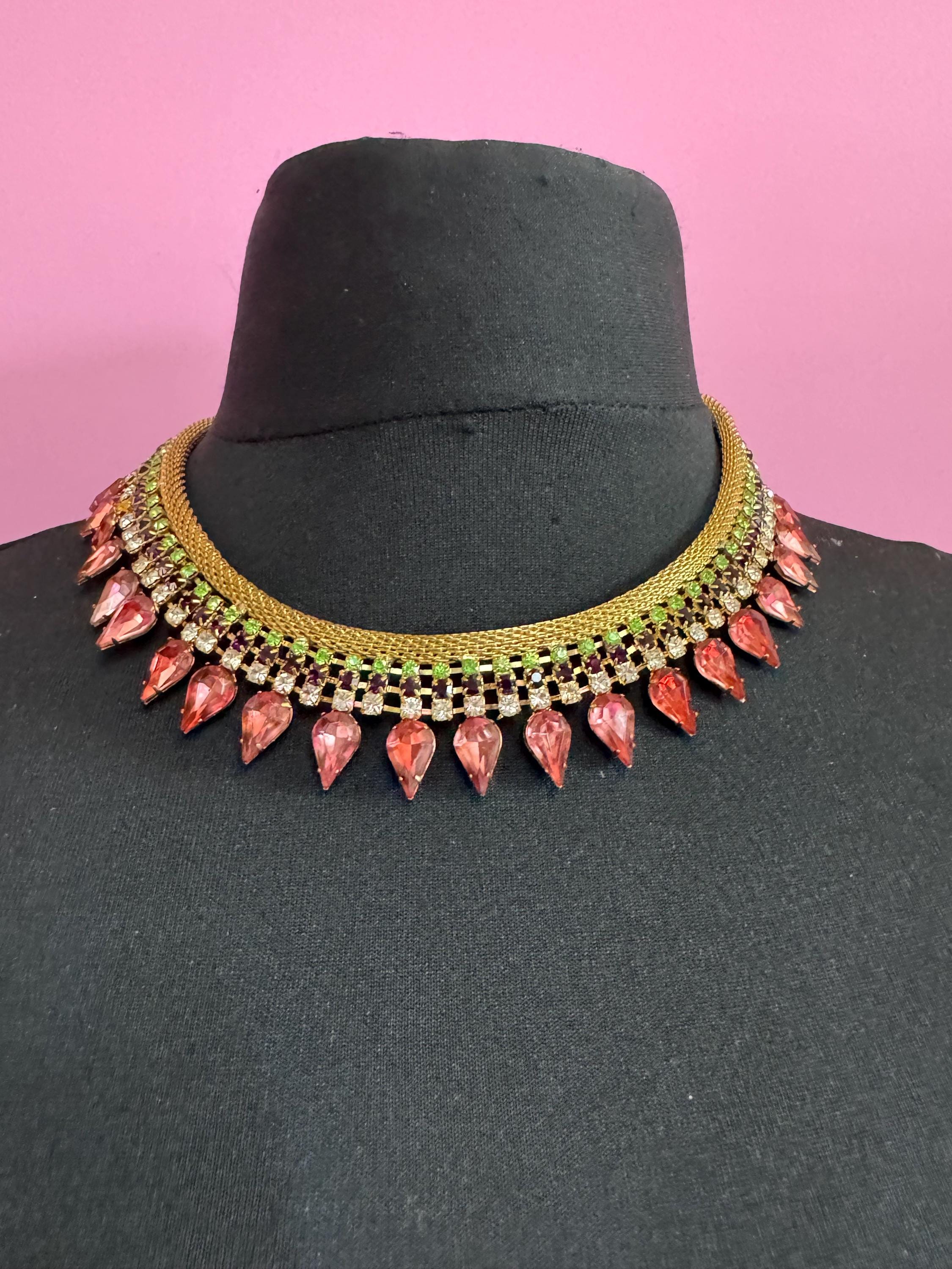 Gold mesh Pink green diamanté rhinestone choker necklace, Vintage gold tone