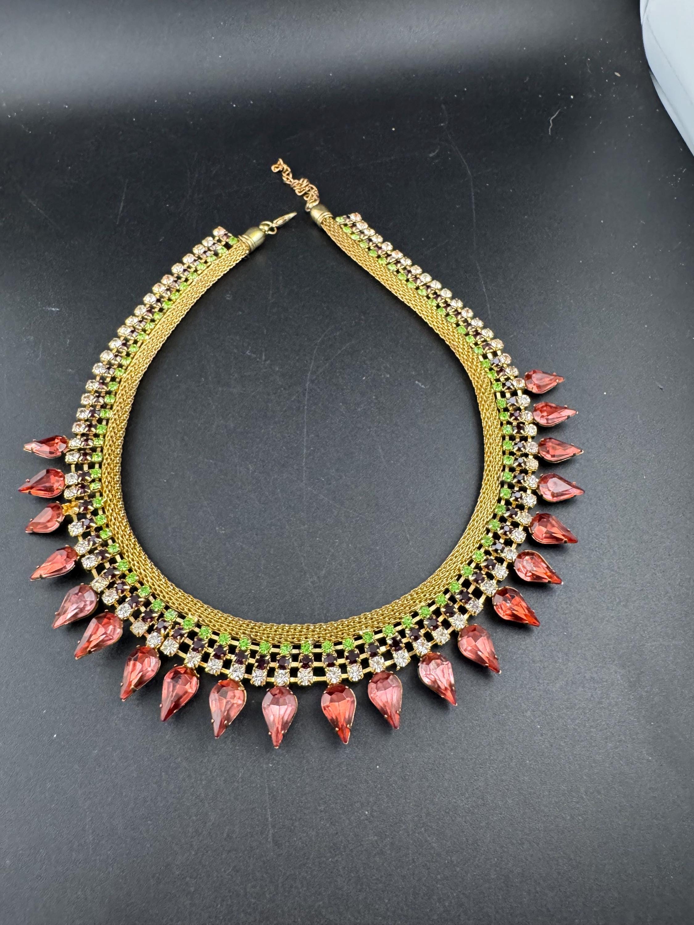 Gold mesh Pink green diamanté rhinestone choker necklace, Vintage gold tone
