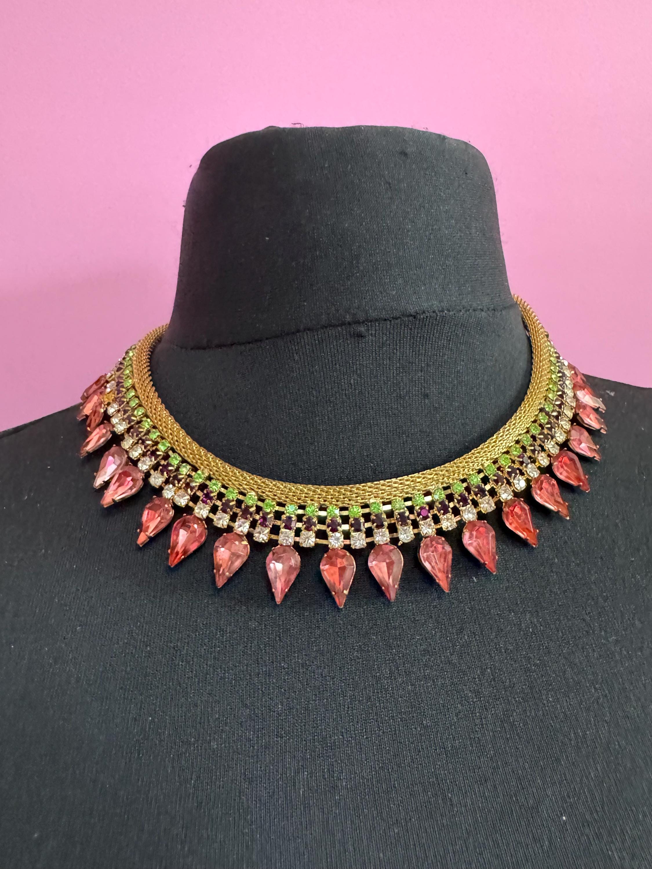 Gold mesh Pink green diamanté rhinestone choker necklace, Vintage gold tone