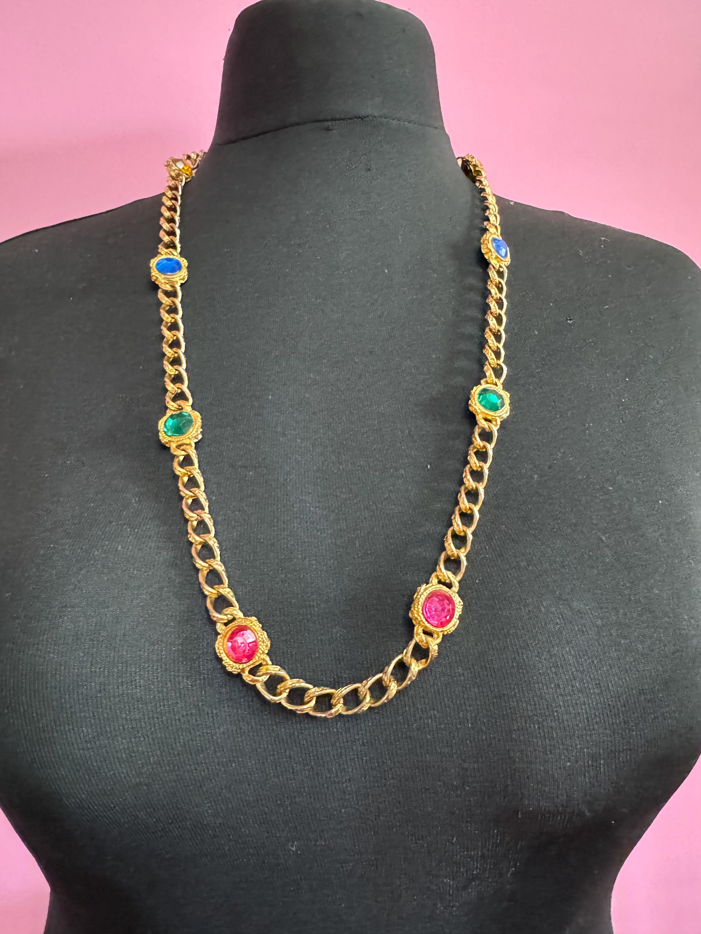 Vintage coloured rhinestone pink red blue green long curb chain station necklace 80cm