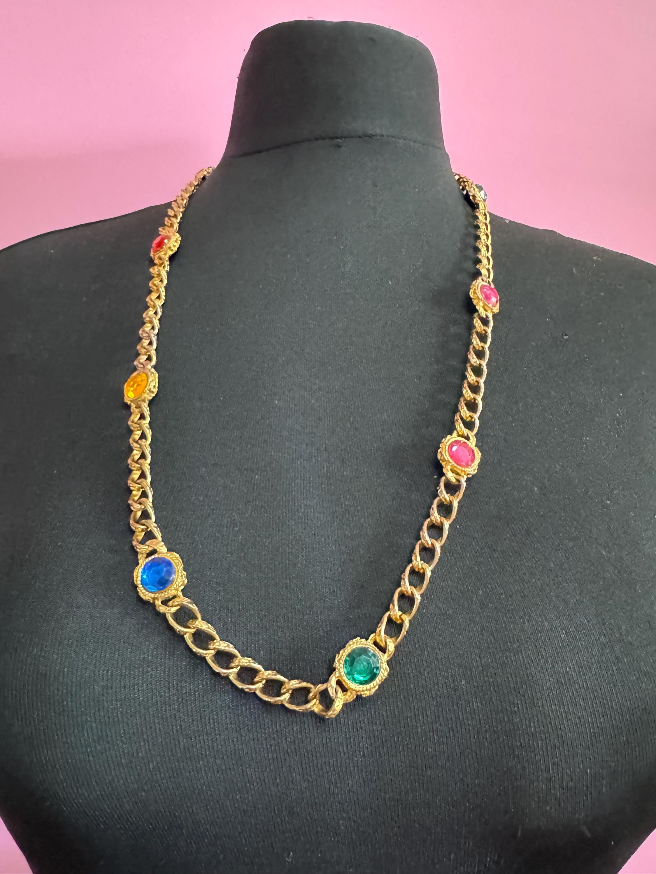 Vintage coloured rhinestone pink red blue green long curb chain station necklace 80cm