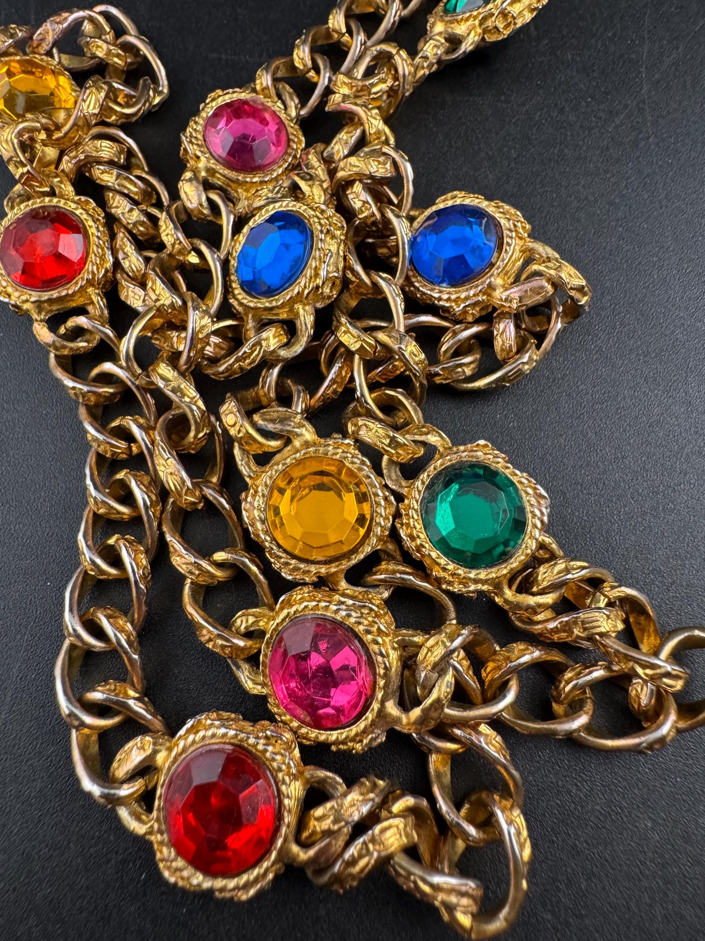 Vintage coloured rhinestone pink red blue green long curb chain station necklace 80cm