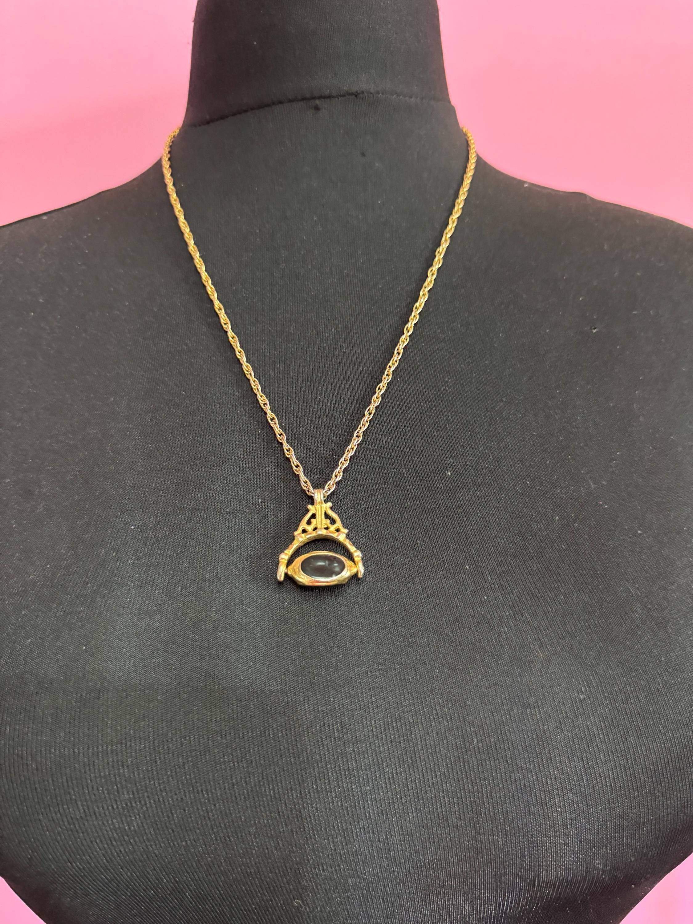 Retro antique style 3 face black spinner key fob charm pendant long chain necklace