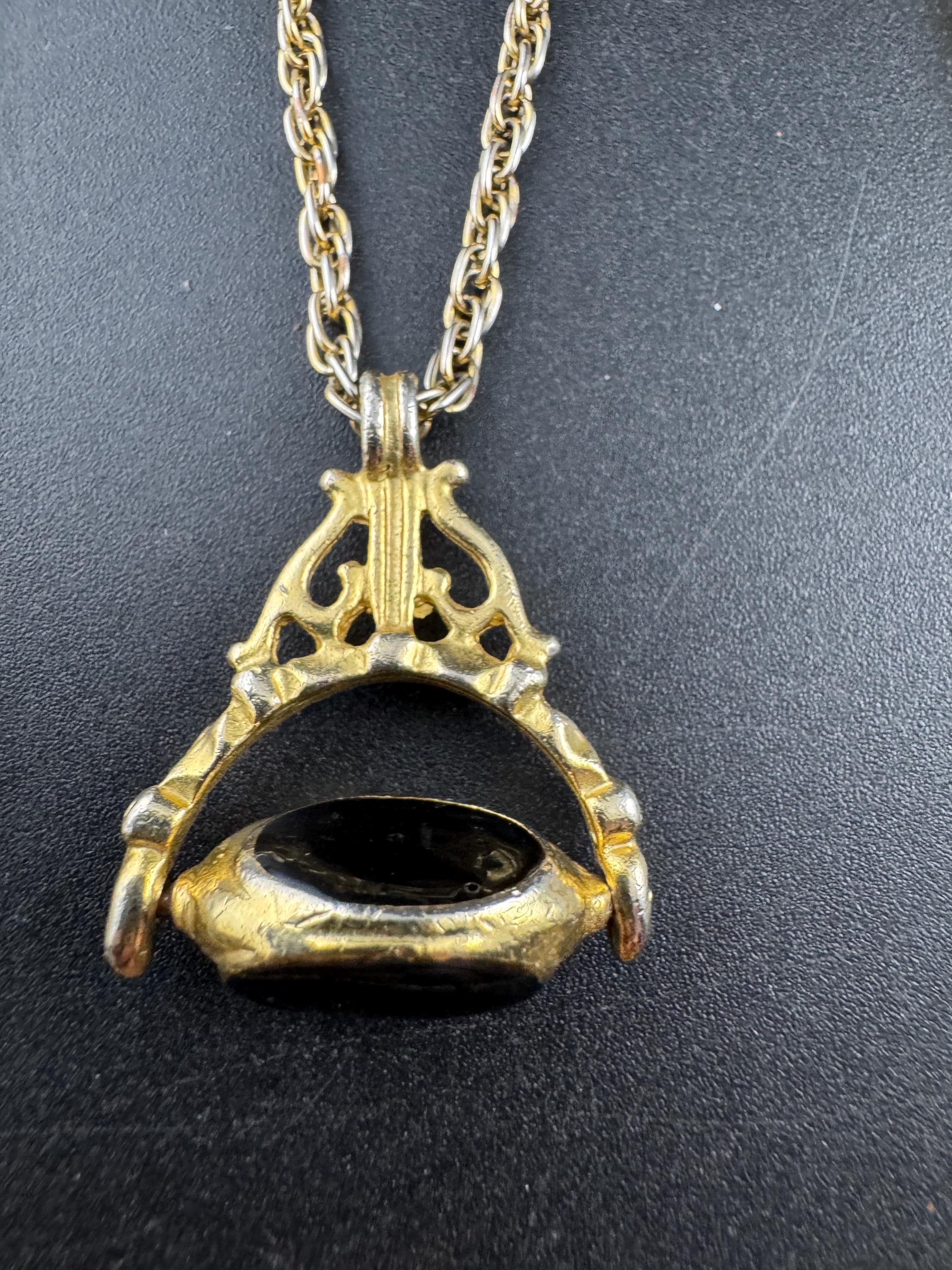 Retro antique style 3 face black spinner key fob charm pendant long chain necklace