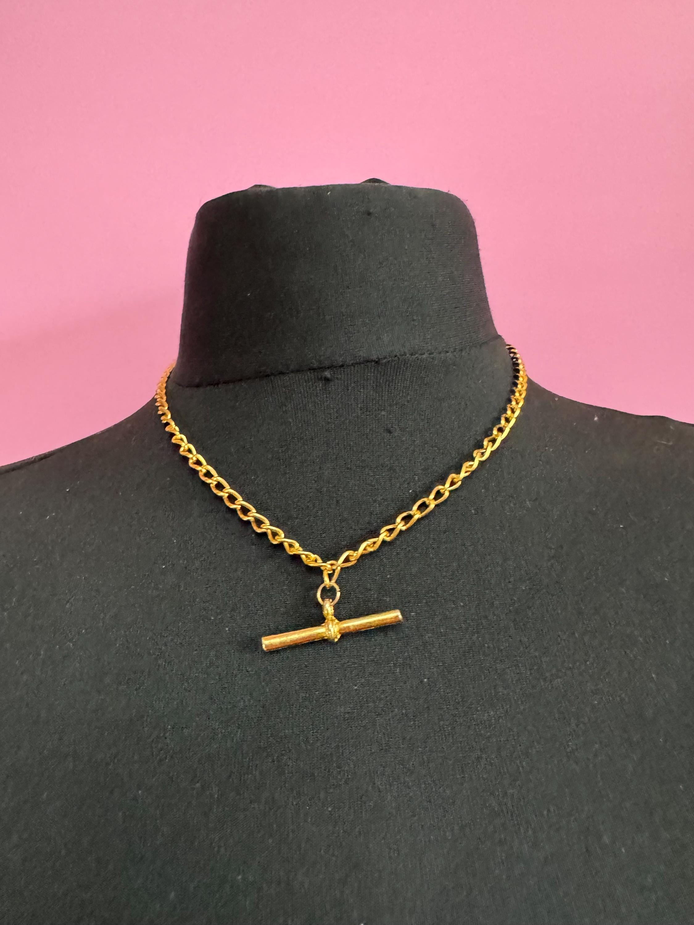 retro Victorian style gold curb chain T Bar watch chain necklace