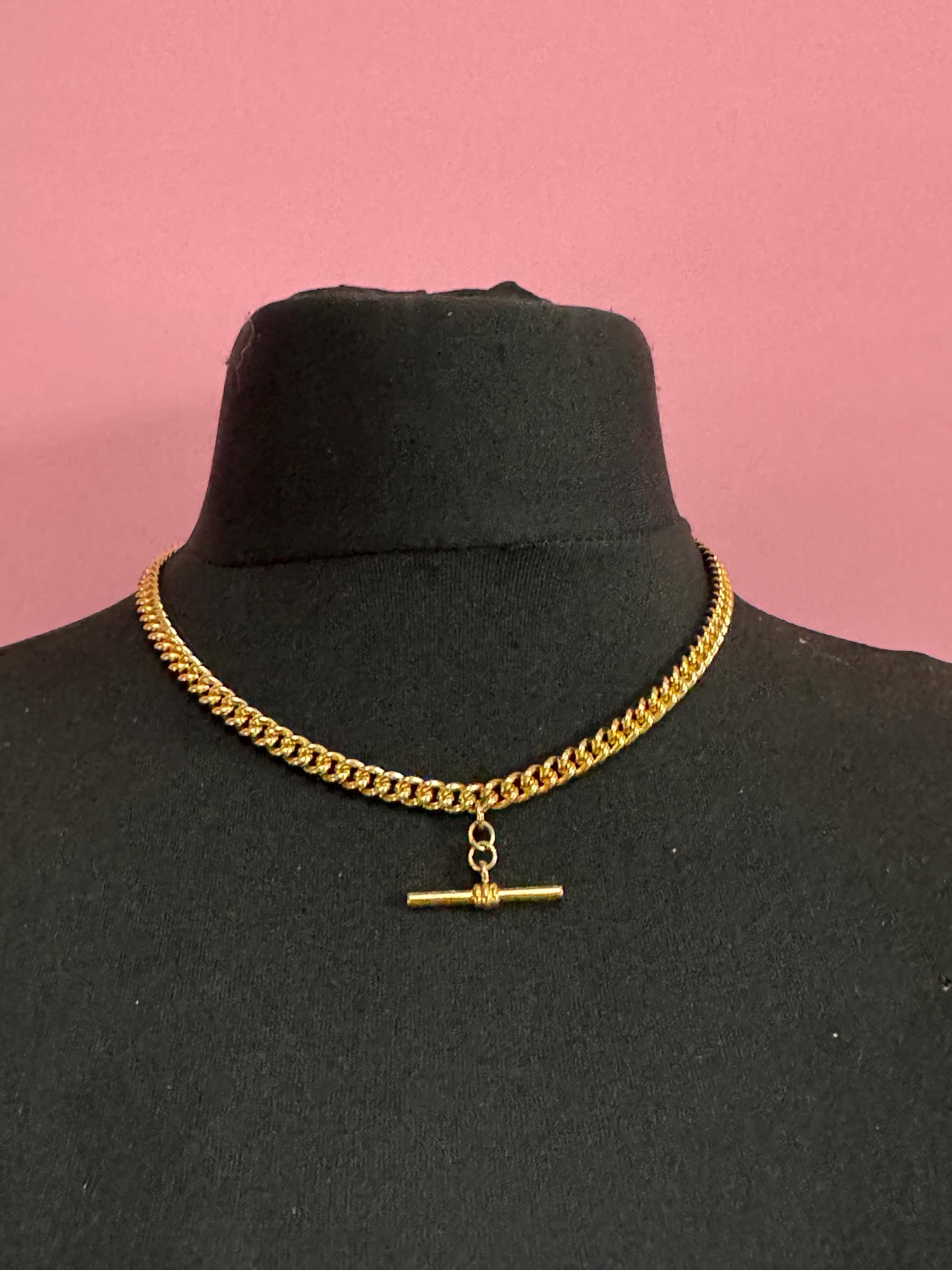 retro chunky Victorian style gold curb chain T Bar watch chain necklace