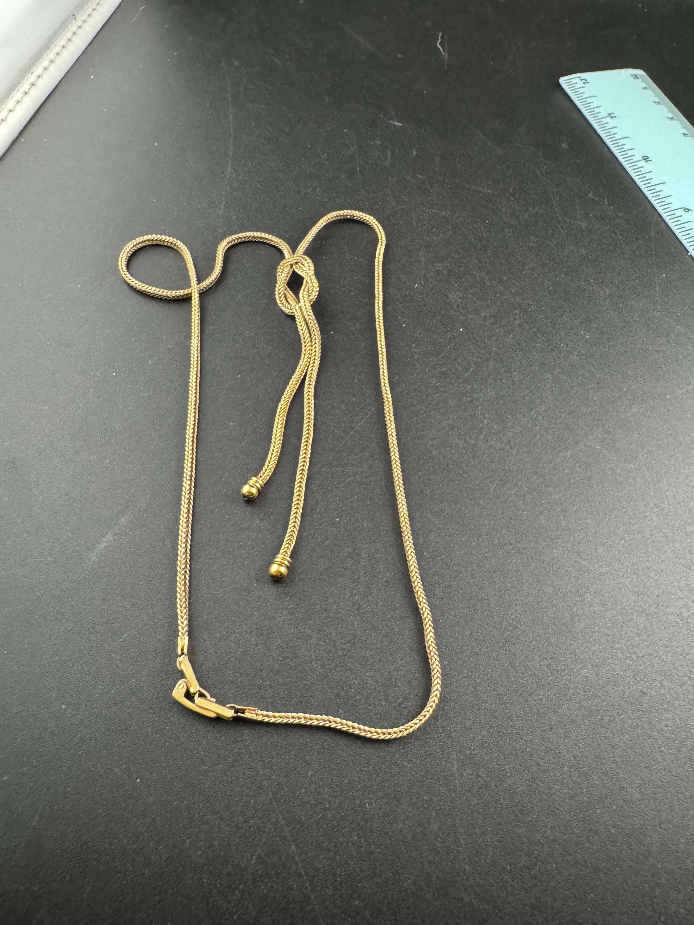 Vintage knot tassel necklace, gold tone woven mesh