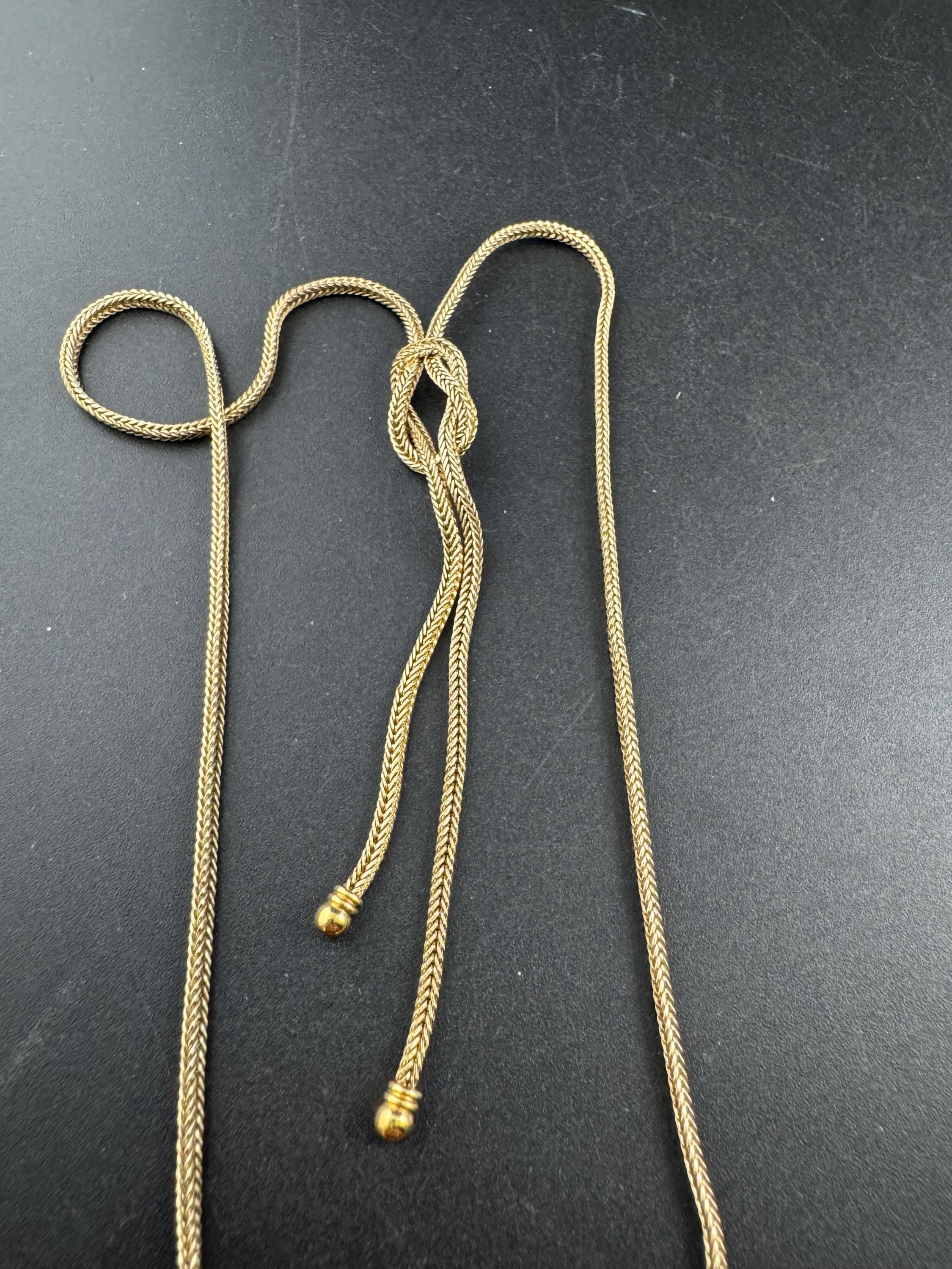 Vintage knot tassel necklace, gold tone woven mesh