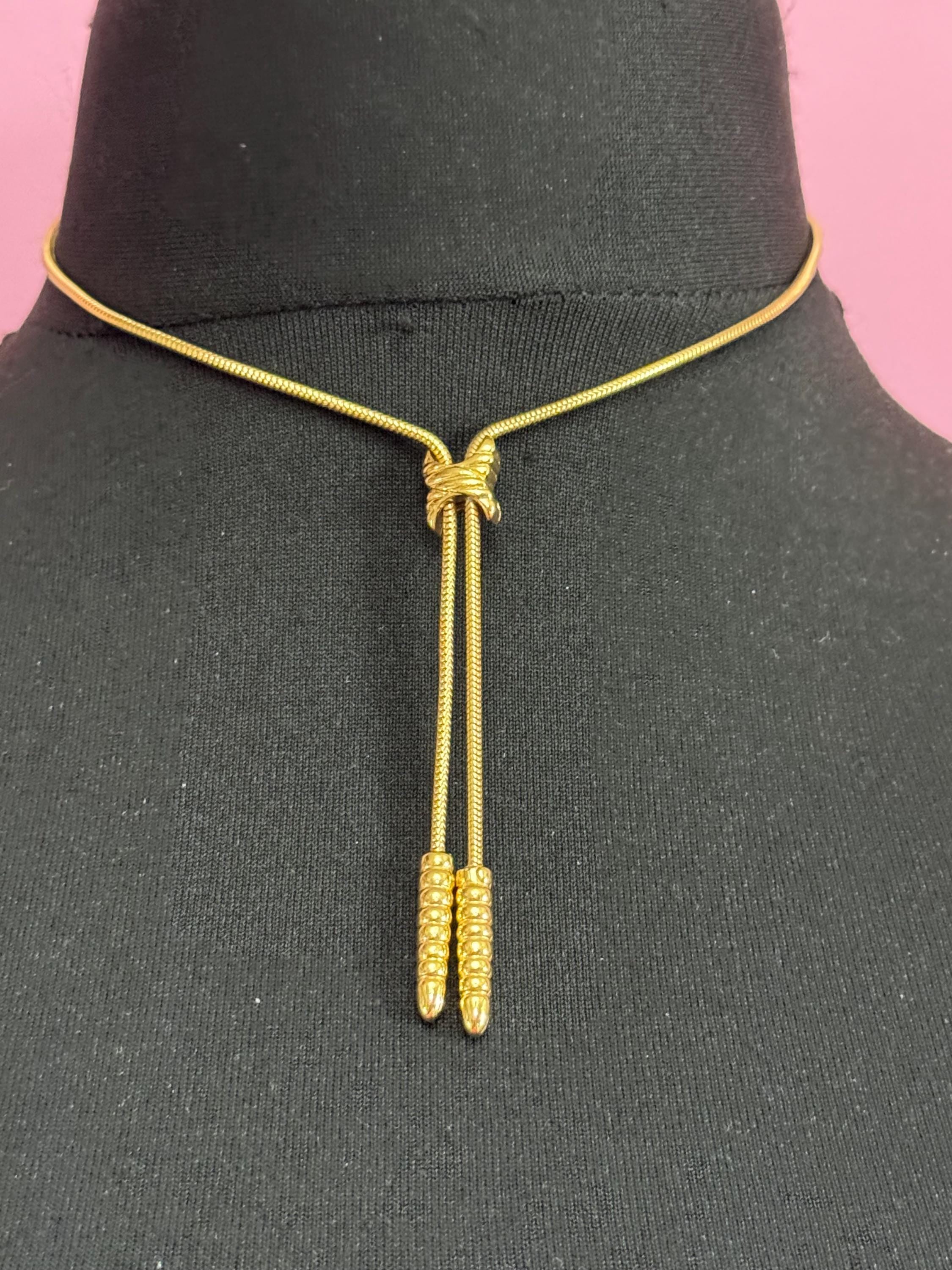 Vintage gold snake chain lariat drop necklace, signed artistry
