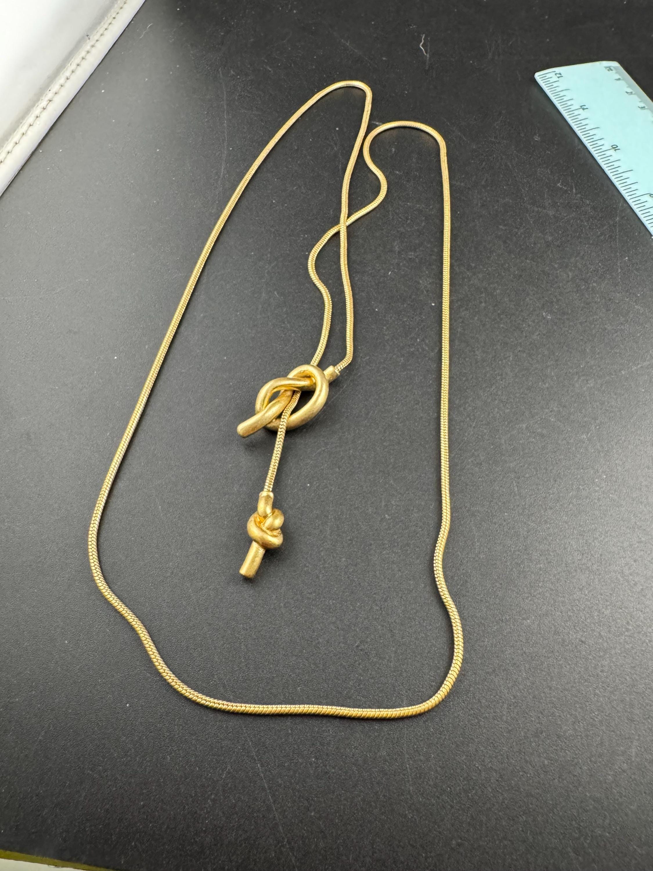 Vintage long snake chain knot bolo slider necklace , Matt gold tone