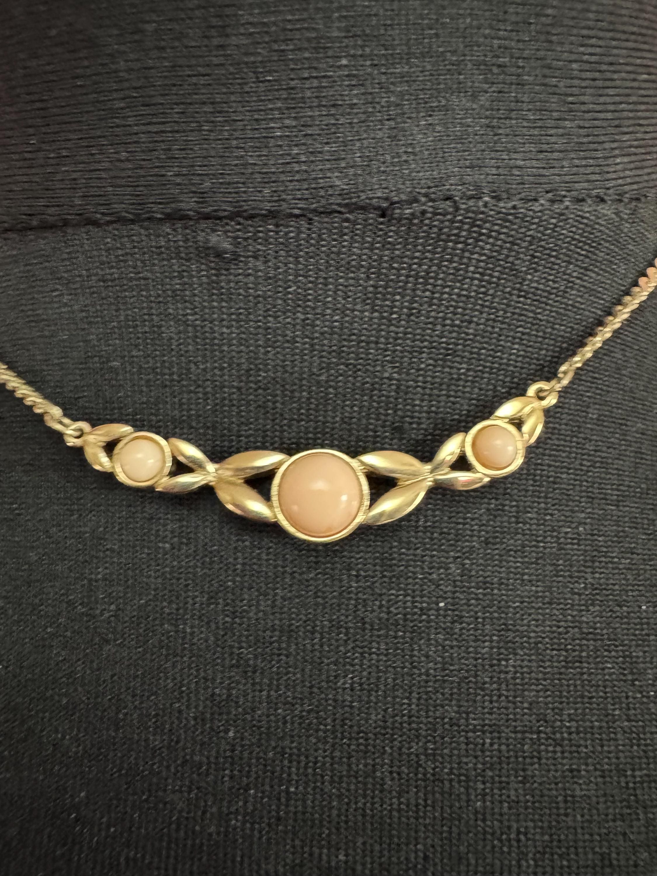 Signed Avon dainty 80s gold flat link chain with coral peach cabochons, plated necklace