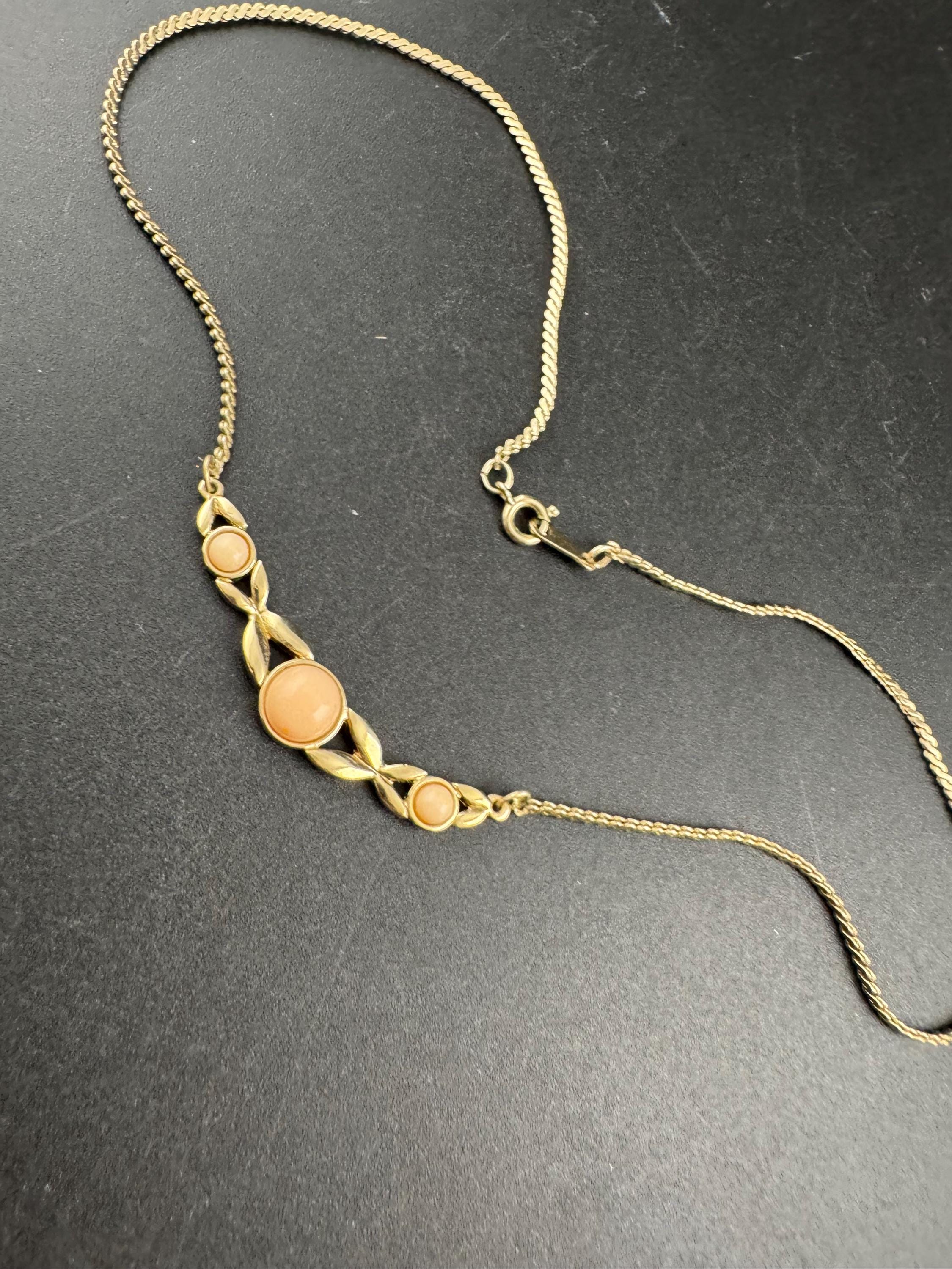 Signed Avon dainty 80s gold flat link chain with coral peach cabochons, plated necklace