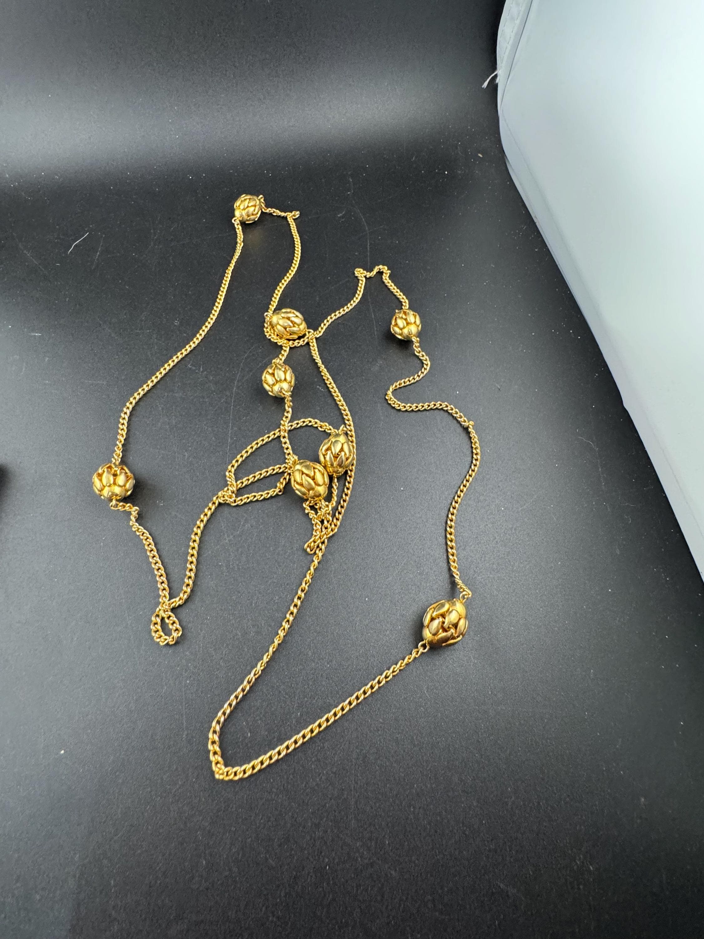 Vintage ball bead flapper chain station necklace, 140cm long 1980s gold plated