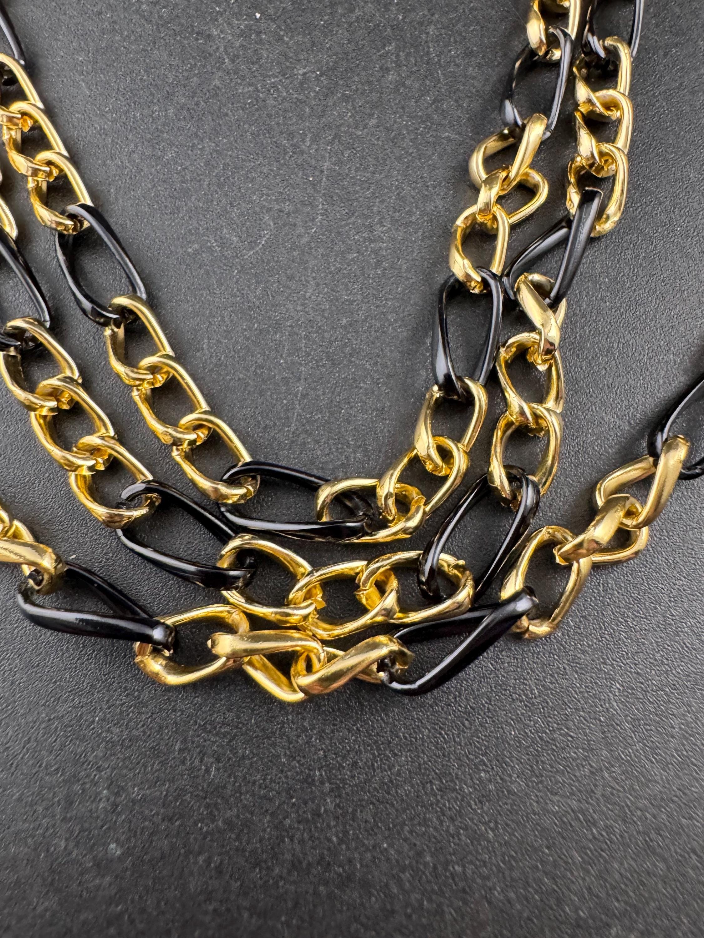 lightweight multi strand waterfall chain necklace, black and gold Vintage 1960s 1970s