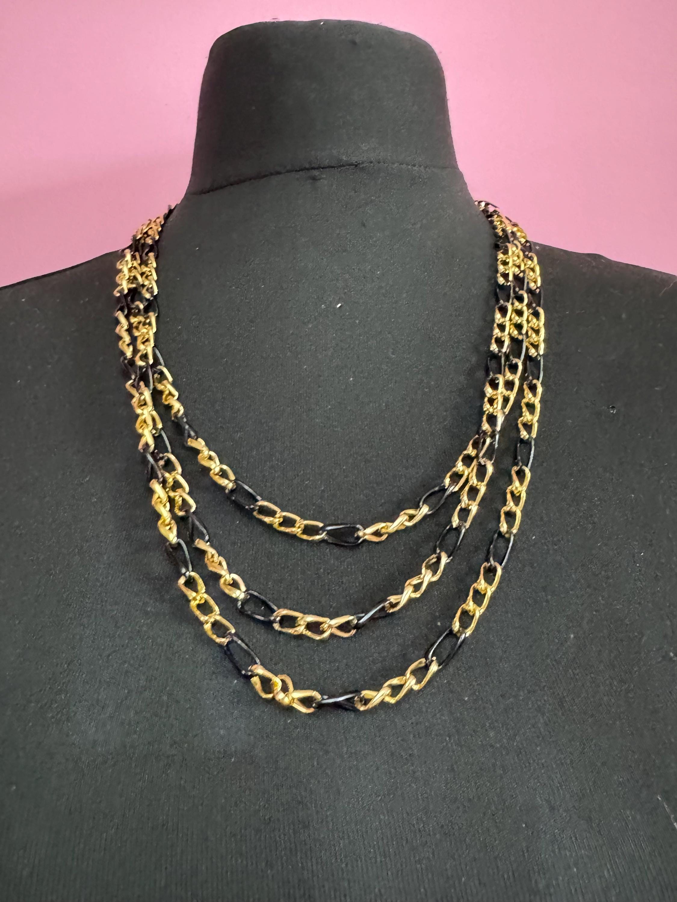lightweight multi strand waterfall chain necklace, black and gold Vintage 1960s 1970s