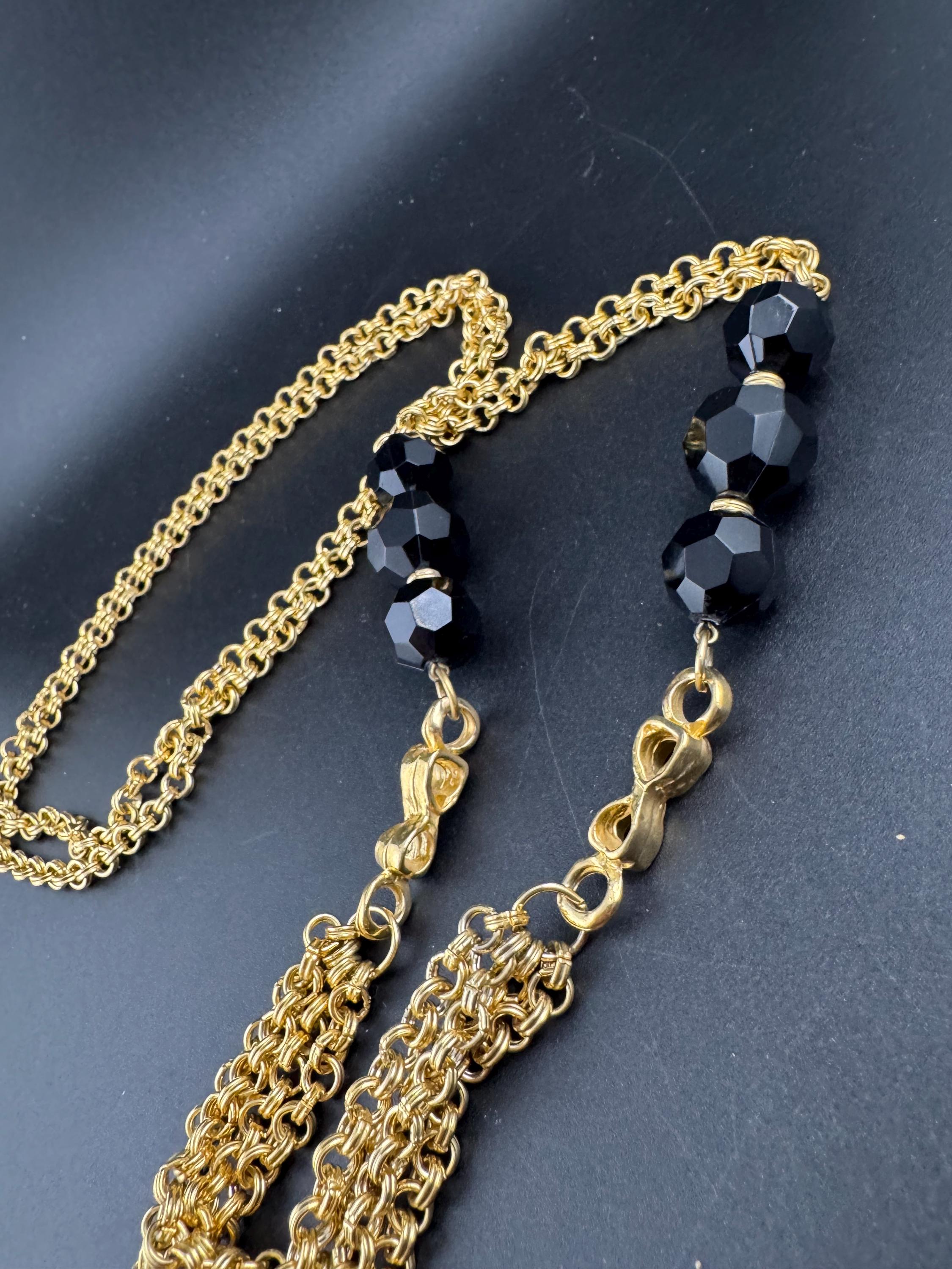 Vintage black beaded gold Multistrand chain necklace 90cm, acrylic weighty piece